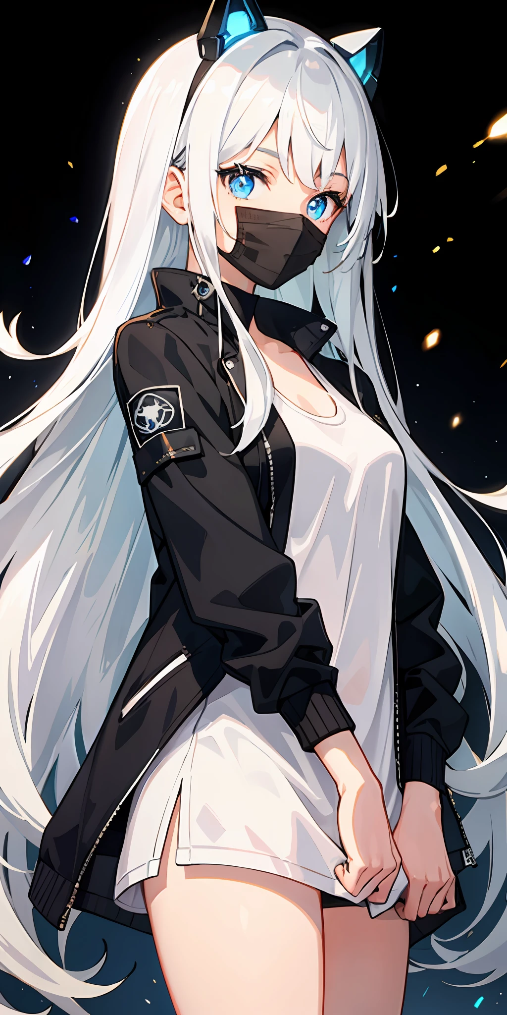 1girl, white tank top, detailed eyes, white hair, multicolored hair, blue eyes, mask anonymous on head, sidelighting, light particles, wallpaper, black jacket anonymous,