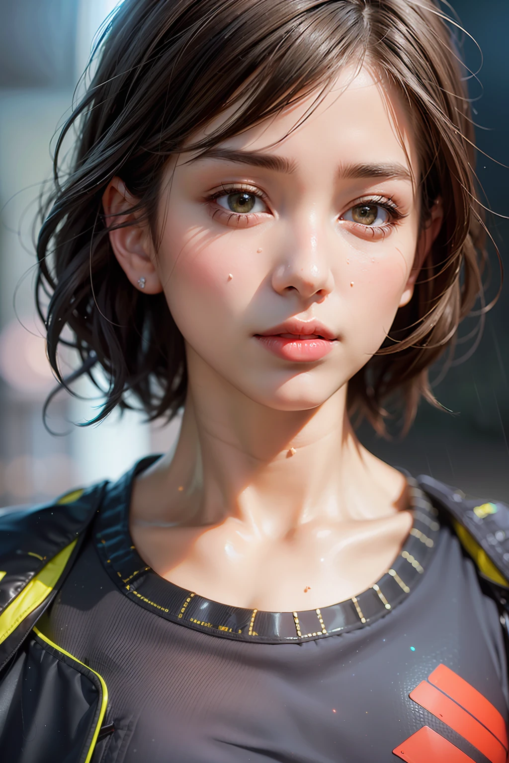 Masterpiece hyperrealist & photorealist beauty girl, pearly perfect & realistic skin (with pores skin) short bob cut hair, red lips in realistic & hyperdetailed battlesuit in 8k