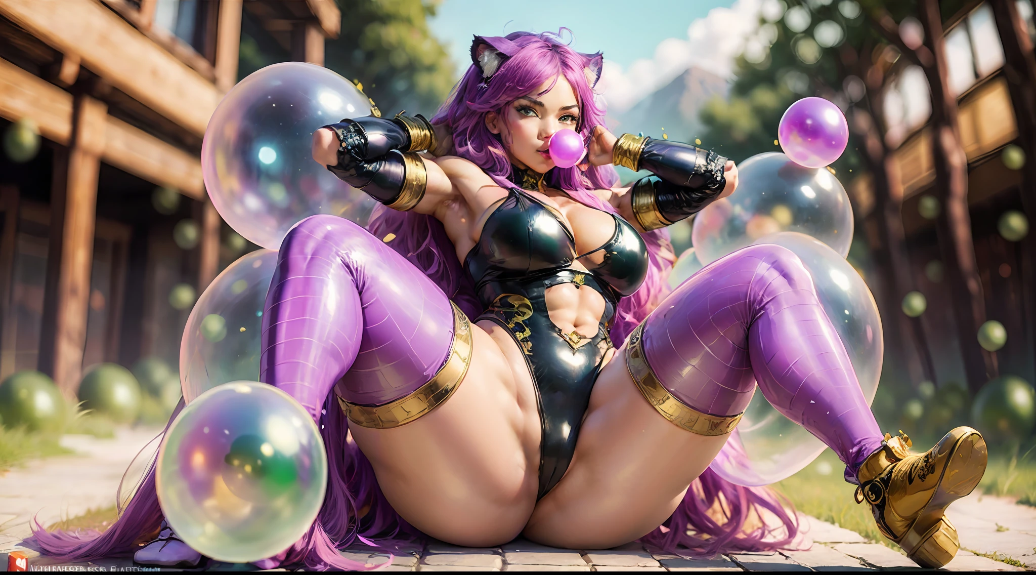 (masterpiece:1.5),(best quality:1.5),(ultra-detailed:1.5),illustration, 1woman, female bimbo, massive heaving breasts, (tiger striped one piece armored latex leotard with Lime Green and Chertuse stripes and boob window with Nasa logo on right breast of suit), (lengthy purple sash with golden trim around waist and embroidered Viking runes), determined and smirking, ((big thick pouty puffy bright pink lips)), leaping into the air, wearing big inflatable moonboots with thick inflated heels, ray tracing, outdoors, mountain villa, big erection under clothes, long thick voluminous body length hair flowing in wind, biggest((Inflated bubble gum)) from lips, (long inflatable cat tail and inflatable cat ears attached to body), (((Muscular abs arms and legs)))