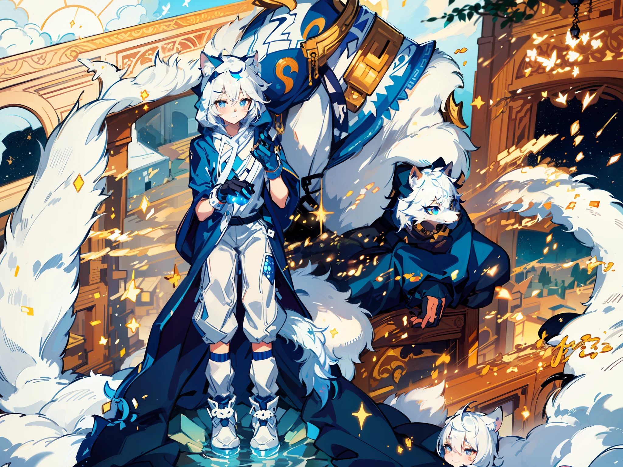 (masterpiece:1.3), (2D:1.0), (anime:1.0), (illustration:1.0), (sharp:1.2), (hard light:1.0), (shadow:1.0),(reflection, refraction:0.8), (light rays, dappled light, light glare, lens flare, Tyndall effect:1.0), (clear, shiny:1.0), (best quality:1.2), (ultra-detailed:1.0), (extremely intricate:1.0), (blurry foreground,cinematic light,ray tracing:1.1), (bright_colors,dark_intense_shadows:1.1), (impasto,colorful:1.2), (warm_light_from_below,glow_white_particles:1.1), (Ensemble_Stars!_\(style\):0.95). wolf_boy,anthro,uploaded_on_e621,solo,upper_body,cowbow_shot,male_focus,furry_kemono,furry_male,cub,young_male,bishounen,11_years_old,kawaii,cute,fancy,fragile,cool,handsome. detailed_fluffy_fur,tuft,(white_fur,body_fur,oil_skin,skin_with_fluffy_fur:1.3),animal_nose,animal_ear_fluff,fluffy_paws,pawpads,animal_hand,fluffy_big_tail. blue_clothes,(hooded_cloak,hood_up:1.5),male_short_hair,white_hair,blue_eyes,one_eye_closed,bangs,closed_mouth,smile,light_blush,hands_up,holding_star,bottomless,(knees_together_feet_apart,sitting:1.2),looking_at_viewer. (night,starry_sky,crescent_moon,star_\(sky\),gem,plant, star_\(symbol\),sparkle),outdoors, scenery.