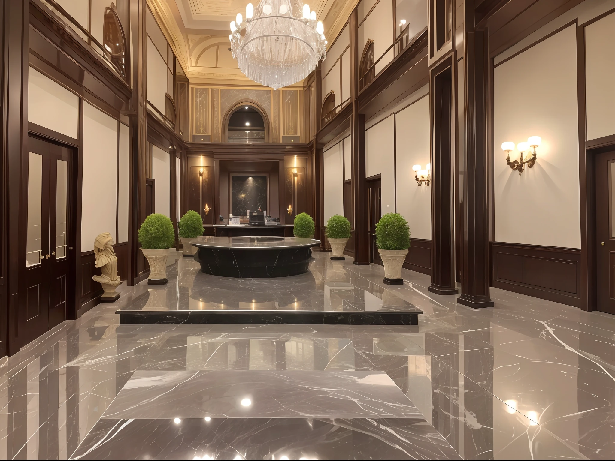 luxury lobby of arab style 5 stars hotel, white and black marble, Detalles dorados, exotic lacked fornitures, Beezfull Weitress en el escritorio, 8k, Foto de alta calidad, natural  lighting, simetric view, Vista espectacular