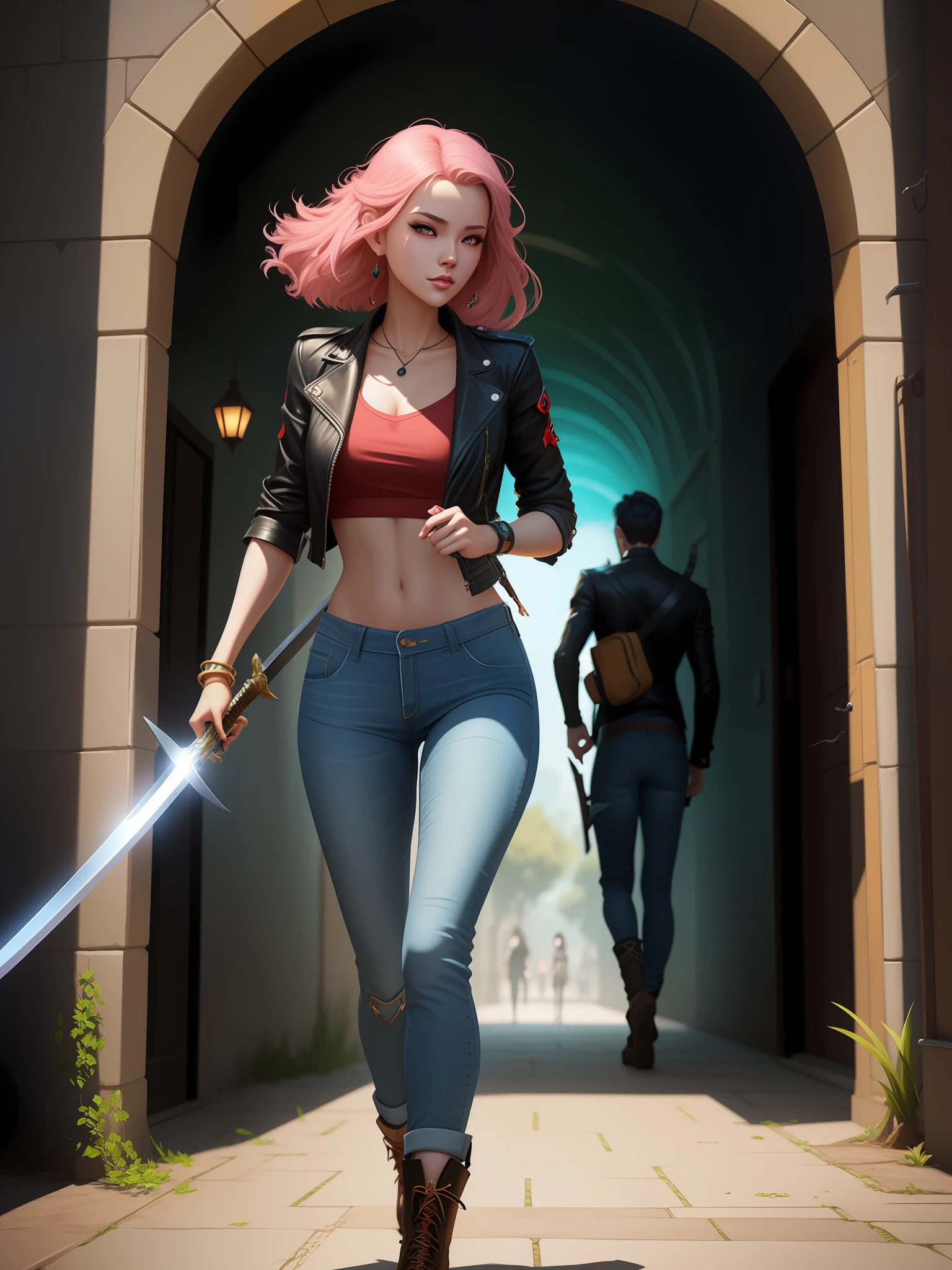 There is a woman with black hair holding a sword in a hallway, arte de fantasia urbana estilizada, rossdraws volumetric lighting, Artgerm Julie Bell Beeple, Alena Aenami e Artgerm, deviantart artstation cgscosiety, Artgerm ; motor 3d unreal, cinematic full character, No estilo de Ross Tran