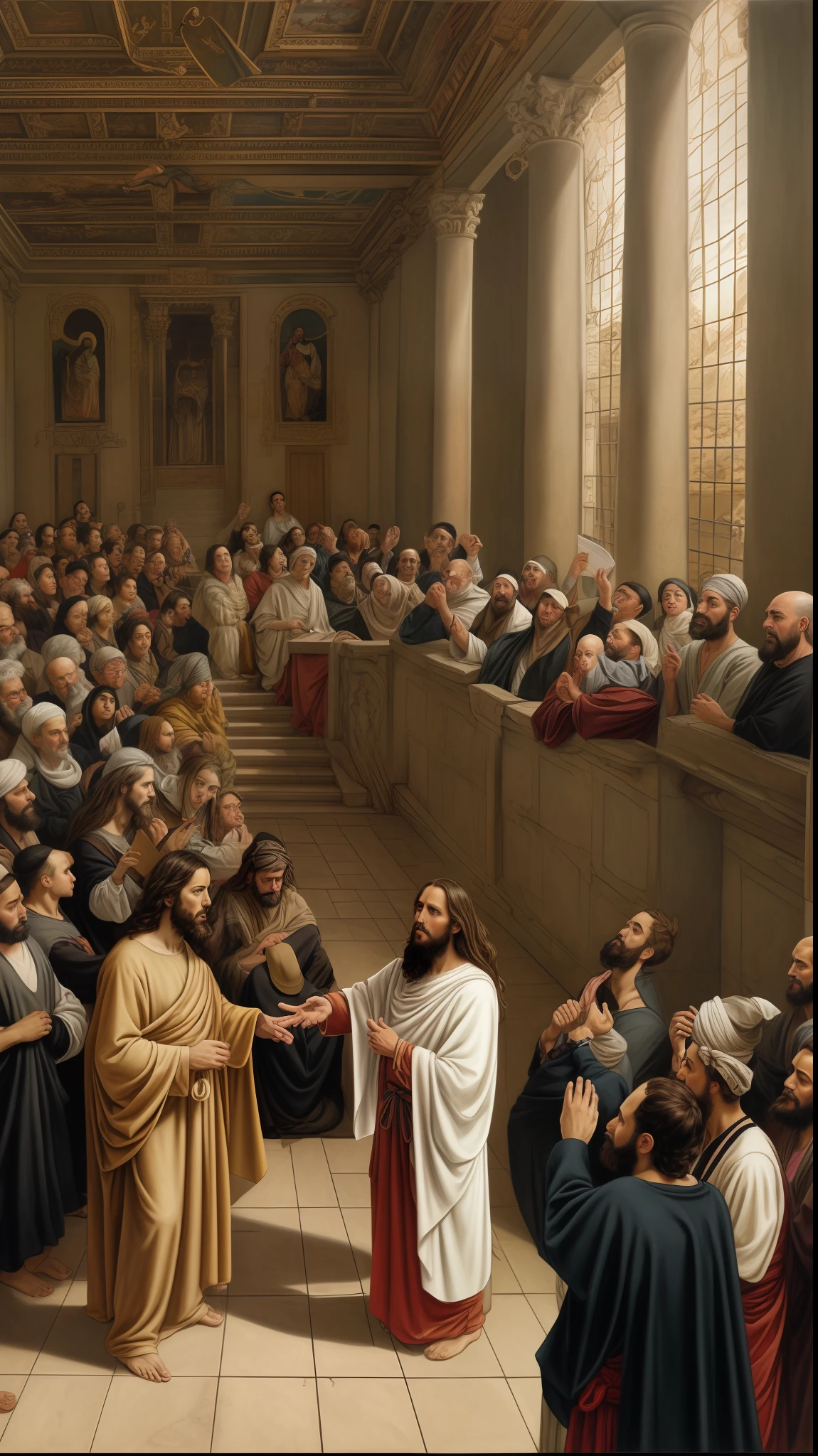 Scene of Jesus delivering the Sermon on the Mount before a crowd of people. Retrato realista, symetric, fuerte, Dibujo intrincado, Altamente detallado, Pintura digital, Art Station, Arte conceptual, fluido, sharp-focus, llustration, obras de Artgerm y Greg Rutkowski y Alphonse Mucha