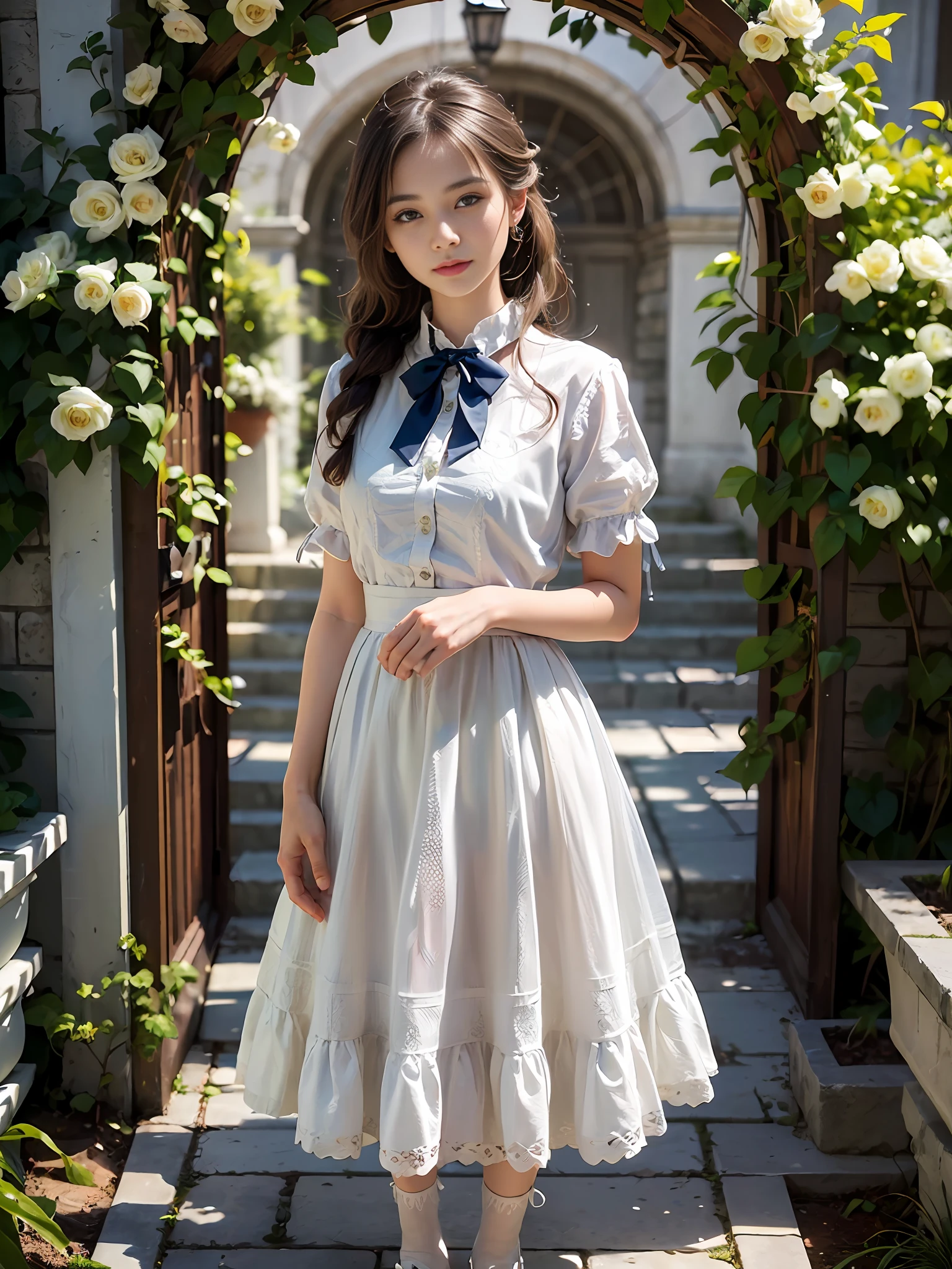 One woman with a faint smile、full full body、Silk White Socks、pumps、Standing in front of garden arch with flowers、(Photoreal:1.4)、(Hyperrealistic:1.4)、(Realistic:1.3)、(Smooth lighting:1.05)、(Improved cinematic lighting quality:0.9)、(Shallow depth of field)、1girls、20 year old adult woman、Bright spring morning natural light、back lighting、Facial Lights、ray-traced、(bright lights:1.2)、(Quality improvement:1.4)、(Realistic textured skin of the highest quality:1.4)、small tits、fine detailed eyes、detailed faces、Small face、Fine quality eye、Brown eyes、ponie tail、Braiding、Ribbons in the hair、Floral blouse with ruffles、bowtie、Green glass jar with water、The back of the background is white and blurry.
