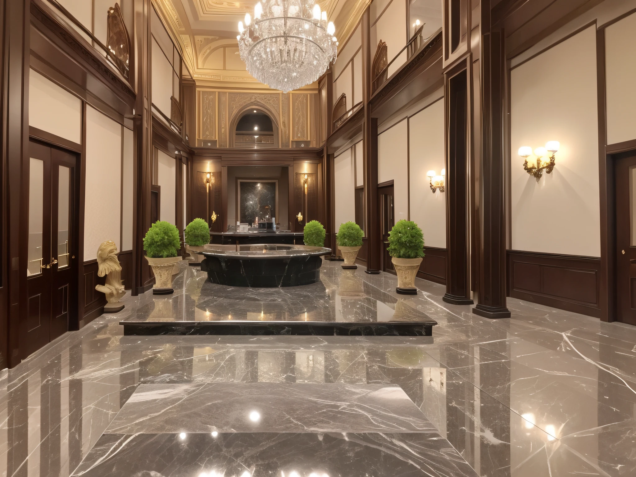 luxury lobby of arab style 5 stars hotel, white and black marble, Detalles dorados, exotic lacked fornitures, Beezfull Weitress en el escritorio, 8k, Foto de alta calidad, natural  lighting, simetric view, Vista espectacular