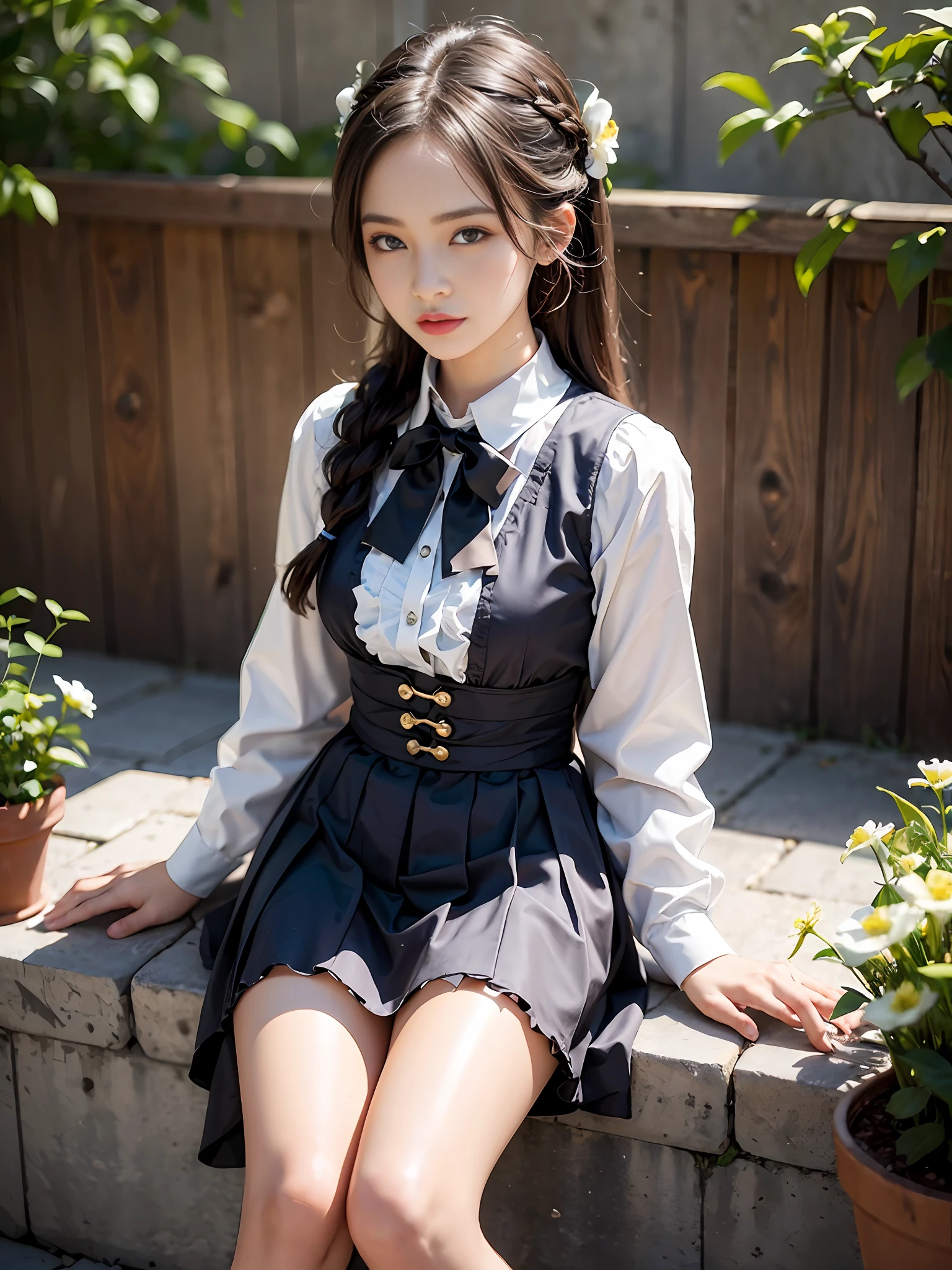 One woman with a faint smile、full full body、Ruffled white socks in smooth and shiny silk material、pumps、Sitting in the garden with a bouquet of flowers、(Photoreal:1.4)、(Hyperrealistic:1.4)、(Realistic:1.3)、(Smooth lighting:1.05)、(Improved cinematic lighting quality:0.9)、(Shallow depth of field)、1girls、20 year old adult woman、Bright spring morning natural light、back lighting、Facial Lights、ray-traced、(bright lights:1.2)、(Quality improvement:1.4)、(Realistic textured skin of the highest quality:1.4)、small tits、fine detailed eyes、detailed faces、Small face、Fine quality eye、Brown eyes、ponie tail、Braiding、Ribbons in the hair、Floral blouse with ruffles、bowtie、Green glass jar with water、The back of the background is white and blurry.