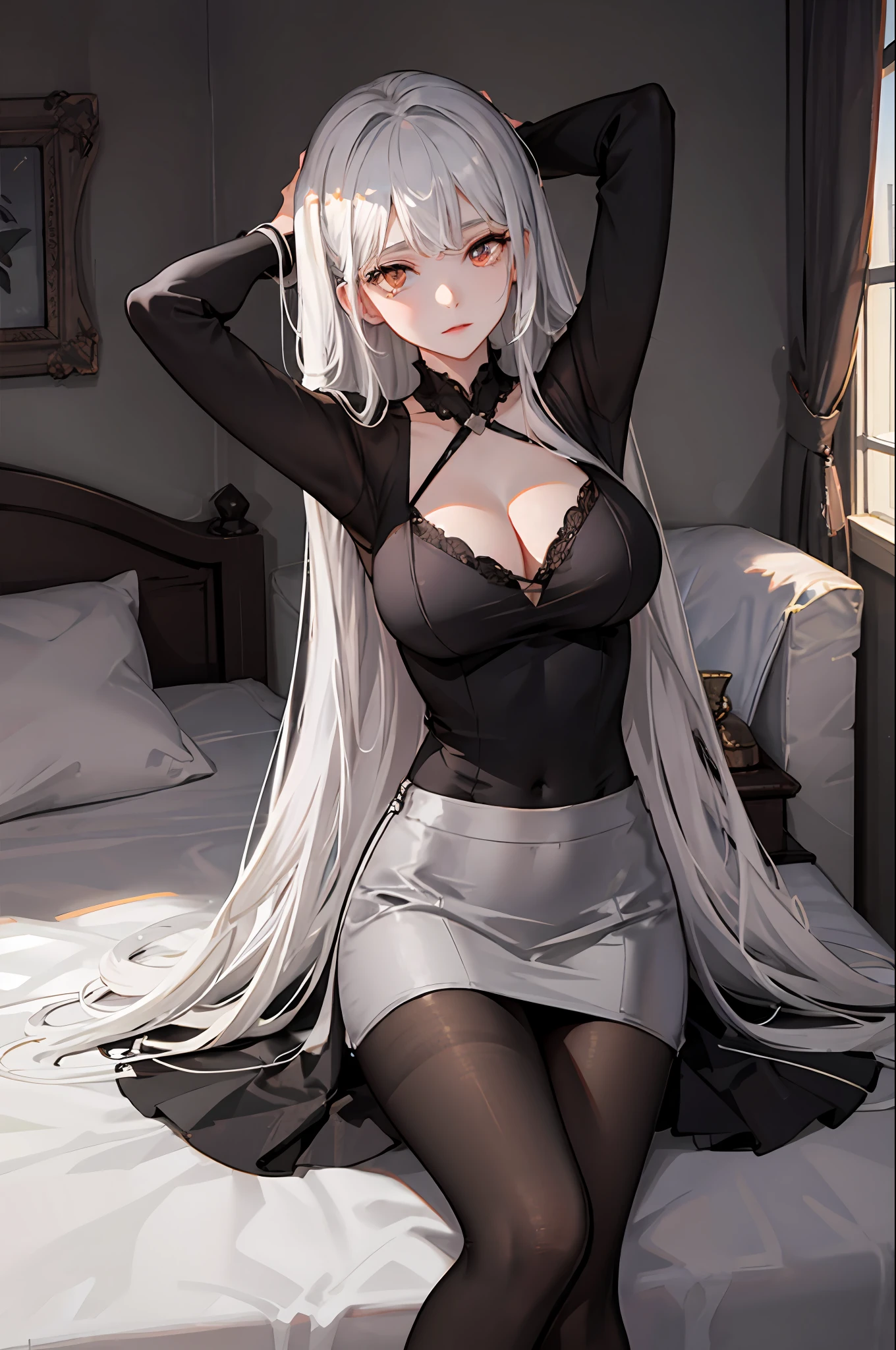 (((1girl with big breasts)),raytraced,(Dim lighting),[detailedbackground(bed room)),Avoid golden eyes in the ominous bedroom((((Fluffy silver hair,Busty and slender girl,Girl wears white shirt,Black wrinkled skirt,Wear yours with black sheer pantyhose),It shows a delicate and slender figure and beautiful curves,Correct limbs,sitting on a bed,Put your hands behind your head,Put both hands behind your head