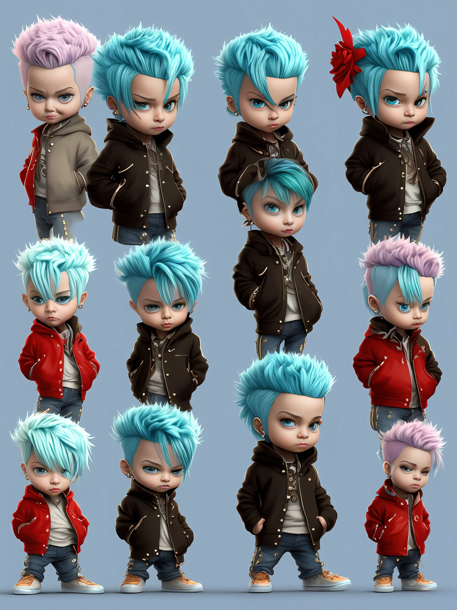 There are three different poses of a boy with blue hair wearing black and red cap, high detail iconic character, stylized 3D render, stylized character, stylized 3D, stylized anime, stylized character design, 3D characters, 3D stylized anime, stylized 3D rendering, 3D character rendering, highly detailed character, very stylized character design, 3D character art