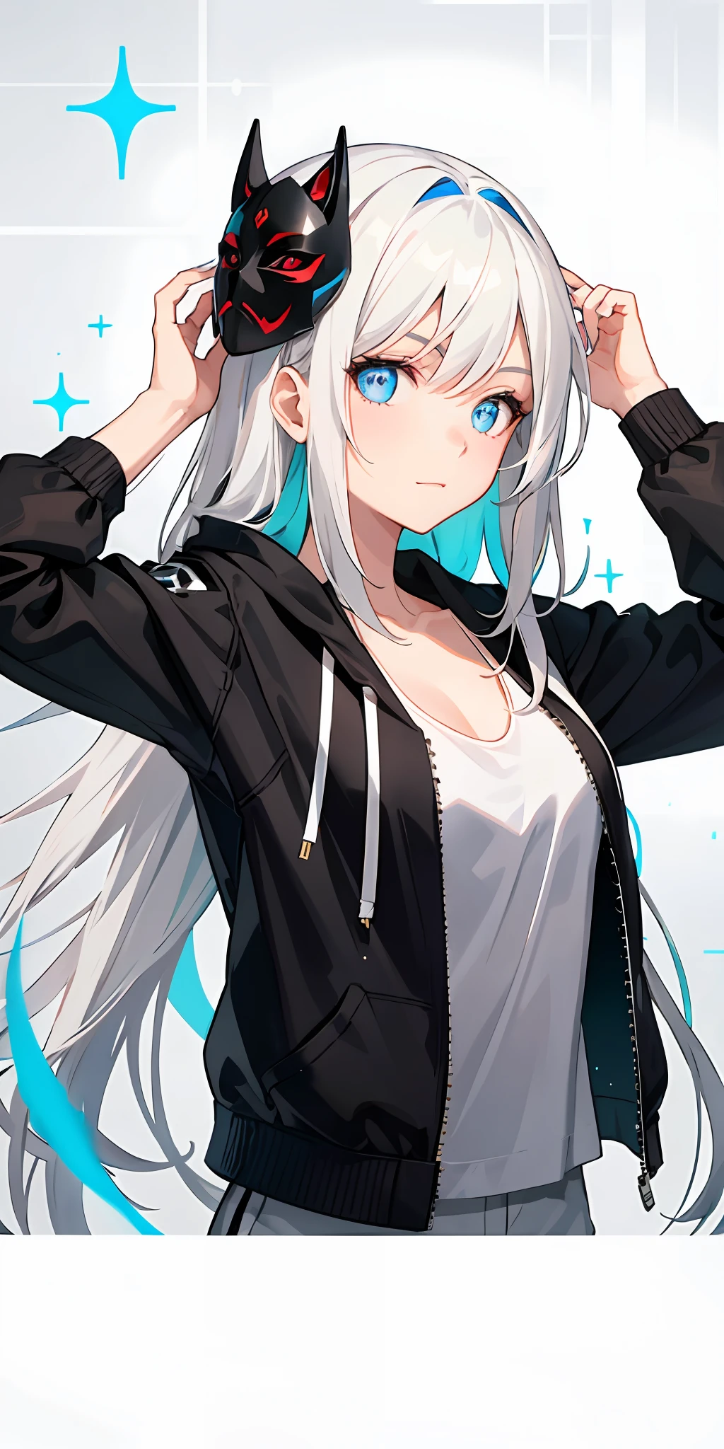 1girl, white tank top, detailed eyes, white hair, multicolored hair, blue eyes, mask anonymous on head, sidelighting, light particles, wallpaper, black jacket anonymous,