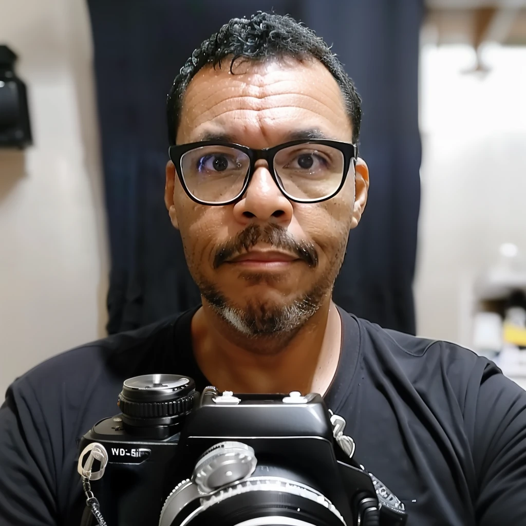 guttonerdvision6, Photo of 45-year-old man wearing glasses, de roupa preta, rosto, Meio Corpo, corpo, pele altamente detalhada, poros da pele, 8k UHD, DSLR, soft lighting, alta qualidade, filmic grain, Fujifilm XT3