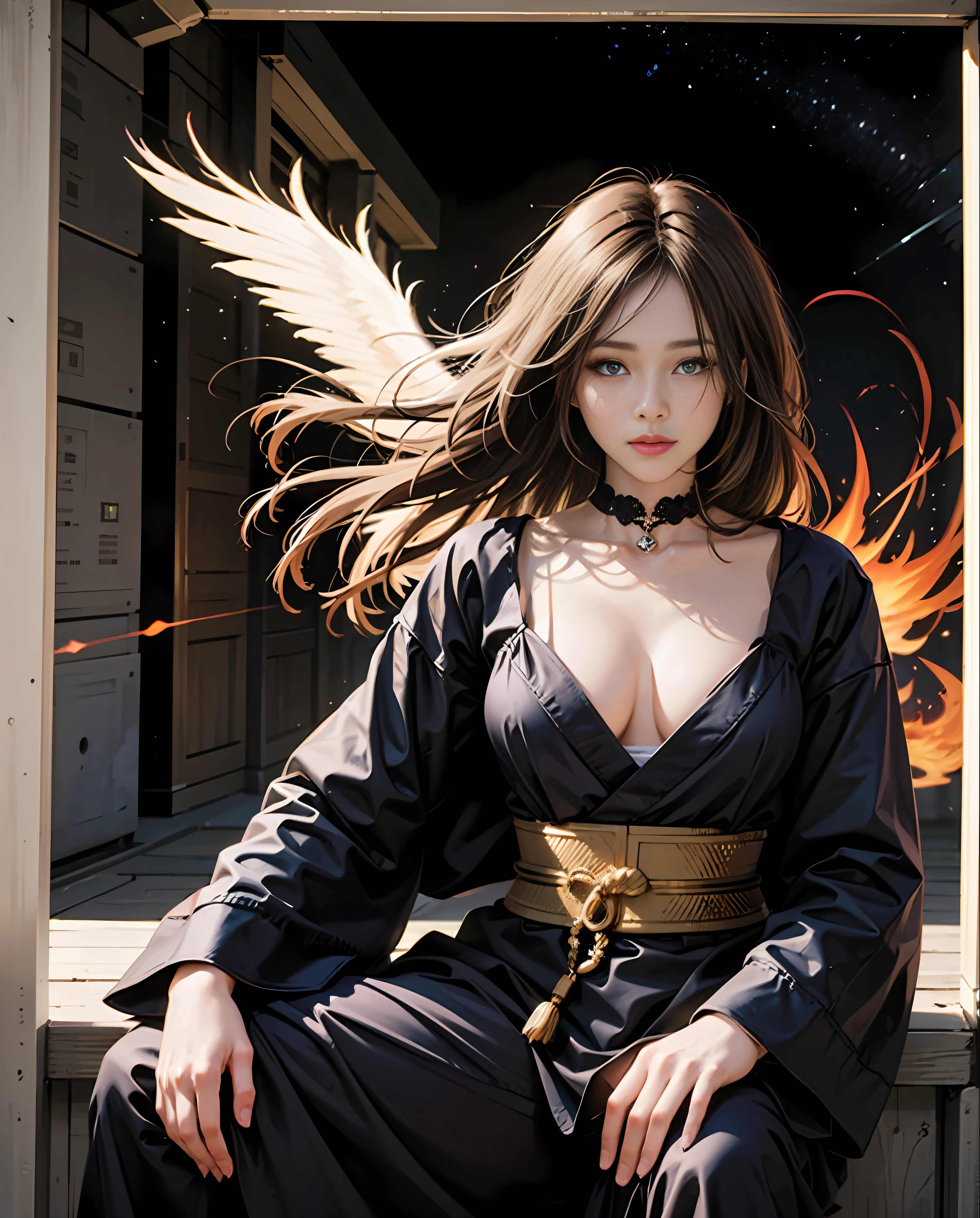 (Masterpiece: 1.2, Best quality), Realistic, (Real picture, Depth of field), Best quality, high detailled, 1 girl, Adult female, 21yo, short golden hair,Blue eyes,Japanese shrine costumes,((There are wings of flame on the body))),(Hair of flames),(Tachibana crimson long-haired),Orange eyes,Purple cloak,Slim figure,The Masterpiece,best qulaity,film still dnd,(Floating in the sky),Warm and soft lighting,sun set,(fire sparks:0.7),Long curly wind-blonde hair, the Milky Way,rim-light, beautiful artwork, Perfect composition,beautiful artwork,xianxia fantasy,Ethereal fantasy,Lifelike,