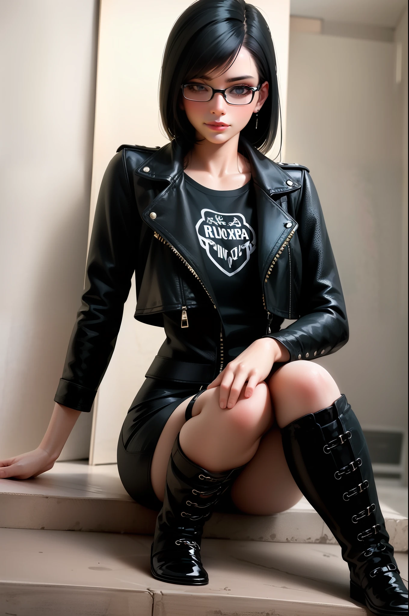 Estilo anime, ..............3d, Uma mulher de 27 anos com cabelos marrom na altura dos ombros, brunette and wearing glasses, exibindo um estilo ousado e rock'n'roll. She is wearing a black leather jacket with front zipper and details in silver studs. His graphic t-shirt features the band logo, paired with a high-waisted plaid skirt and torn drag stockings. On the feet, ela usa botas de couro preto com fivelas e sola robusta. Your hair is slightly messy, complemented by an intense red lipstick and black eyeliner that enhances your eyes. Ela possui seios pequenos e um olhar sedutor.