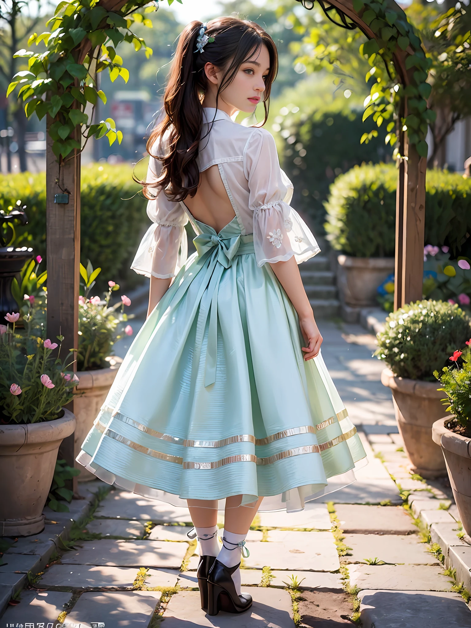 One woman with a faint smile、full full body、Silk White Socks、pumps、Standing in front of garden arch with flowers、(Photoreal:1.4)、(Hyperrealistic:1.4)、(Realistic:1.3)、(Smooth lighting:1.05)、(Improved cinematic lighting quality:0.9)、(Shallow depth of field)、1girls、20 year old adult woman、Bright spring morning natural light、back lighting、Facial Lights、ray-traced、(bright lights:1.2)、(Quality improvement:1.4)、(Realistic textured skin of the highest quality:1.4)、small tits、fine detailed eyes、detailed faces、Small face、Fine quality eye、Brown eyes、ponie tail、Braiding、Ribbons in the hair、Floral blouse with ruffles、bowtie、Green glass jar with water、The back of the background is white and blurry.