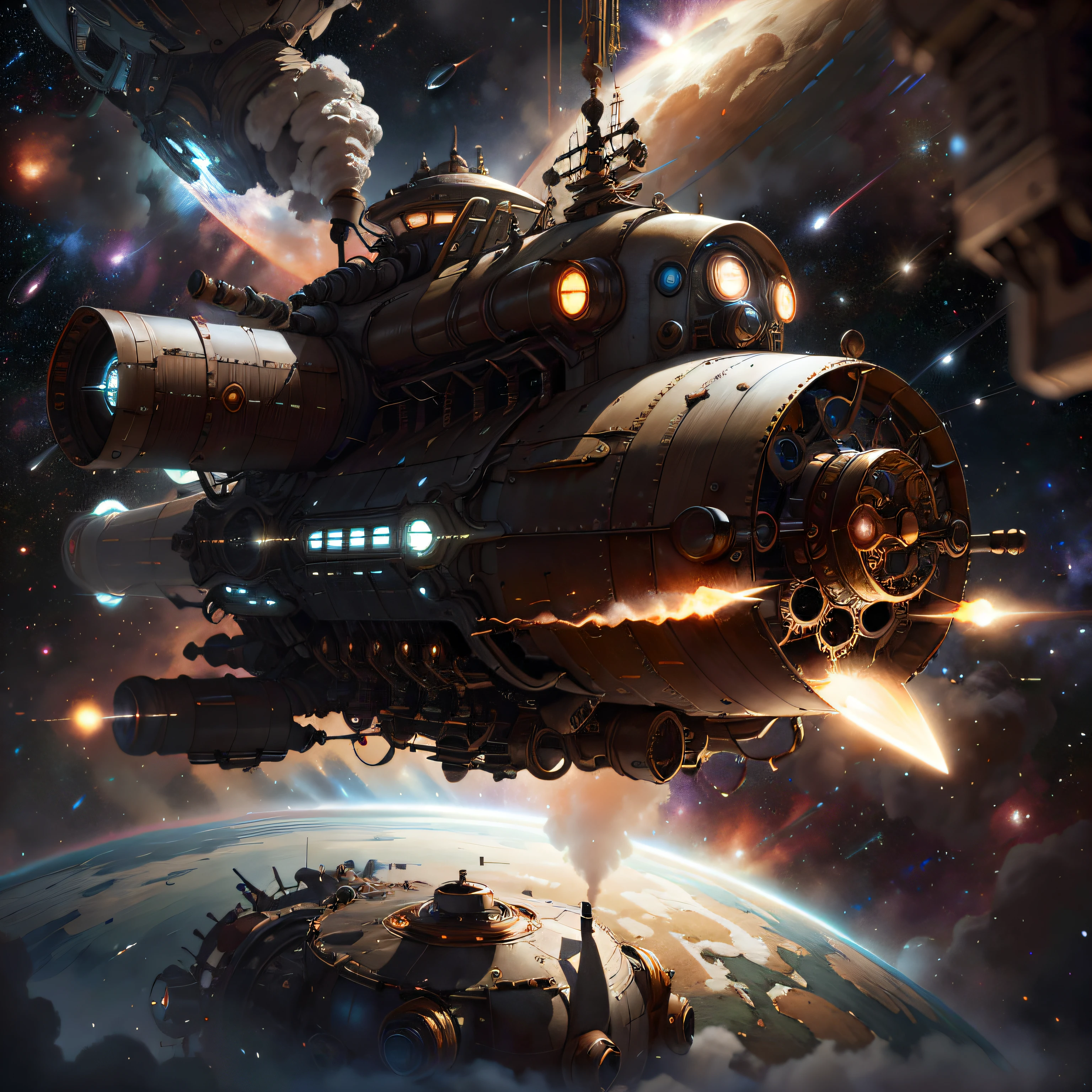 SteamPunkAI , Cogpunk spaceship in space, stellar, mastrpiece, epic composition