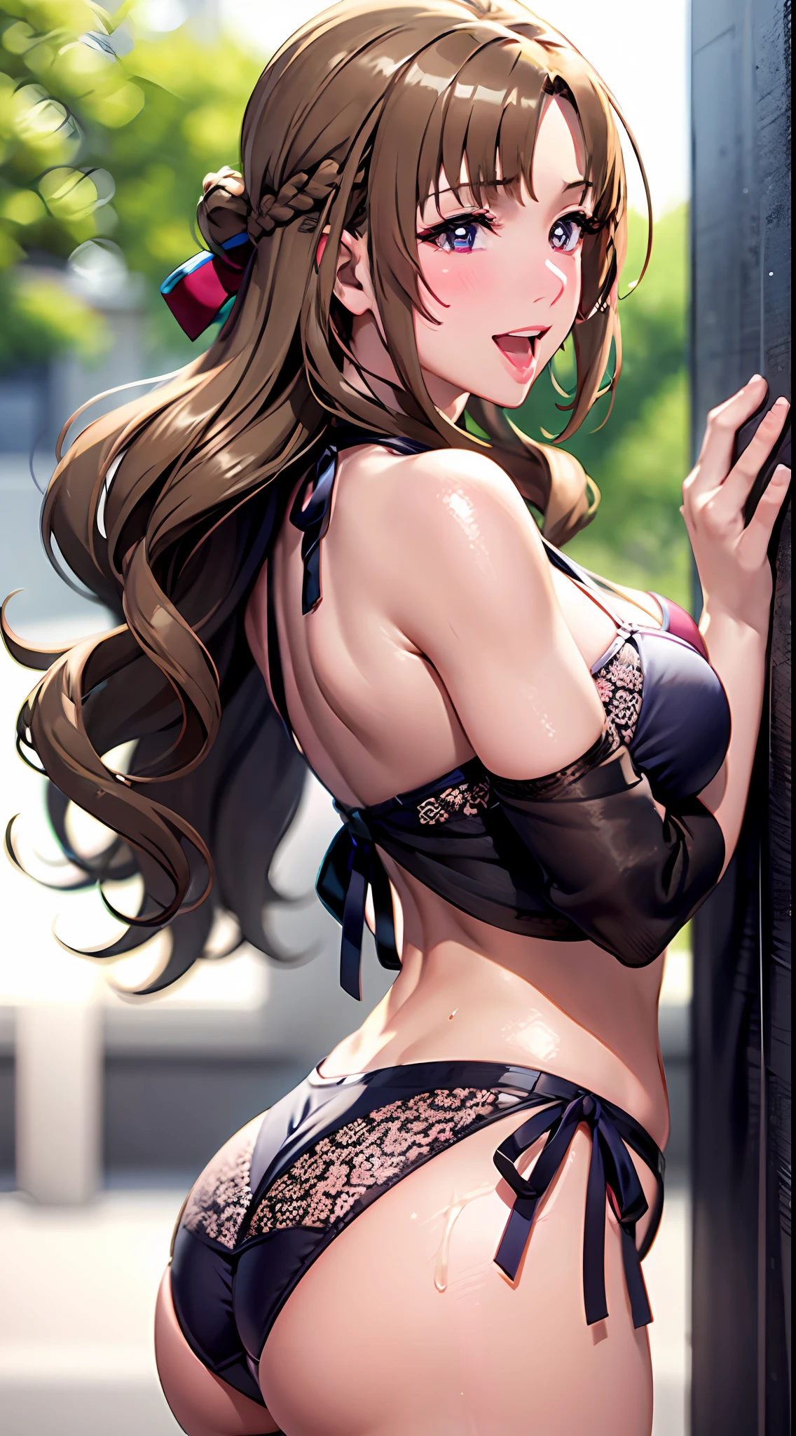 Masterpiece, (the best quality), ( from behind), (full height), 1Woman, a 1girl, mamako_oosuki, behind, Brown hair, Long Hair, cum on tongue, white sweat on the face, face, French braid, full height, protruding tongue, open mouth, purple eyes, bikini, Mature woman, big chest, Ribbon, turned back, sexy woman, smile, embarrassed, Blush, bare shoulders, bright colors, natural light, RTX, Beautiful, (Detailed face: 1.2), showcase, (perfect eyes: 1.1), 8K UHD, out door, Simple background,