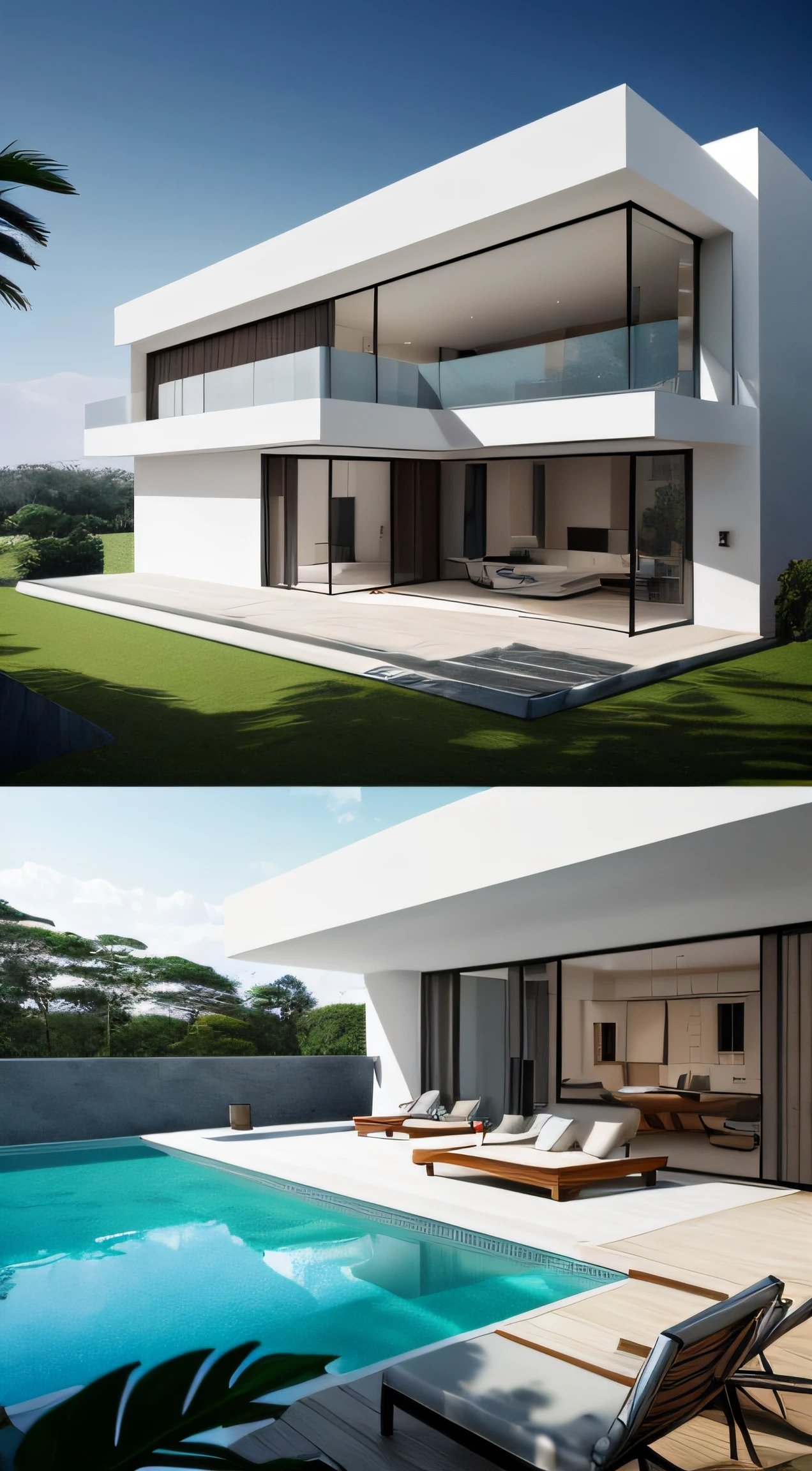 a rendering of a modern house with large pool and terrace, Ultra moderno, arquitetura branca, arquitetura de luxo, Design moderno, high-quality render, Casa moderna, Obra-prima premiada, Minimalista moderno, Estilo moderno, large modern residence, all white render, arquitetura minimalista branca, casa contemporanea, render to resolute perfection, estilo de vida de luxo, Atmosfera moderna, 4k, HDR, realista --auto
