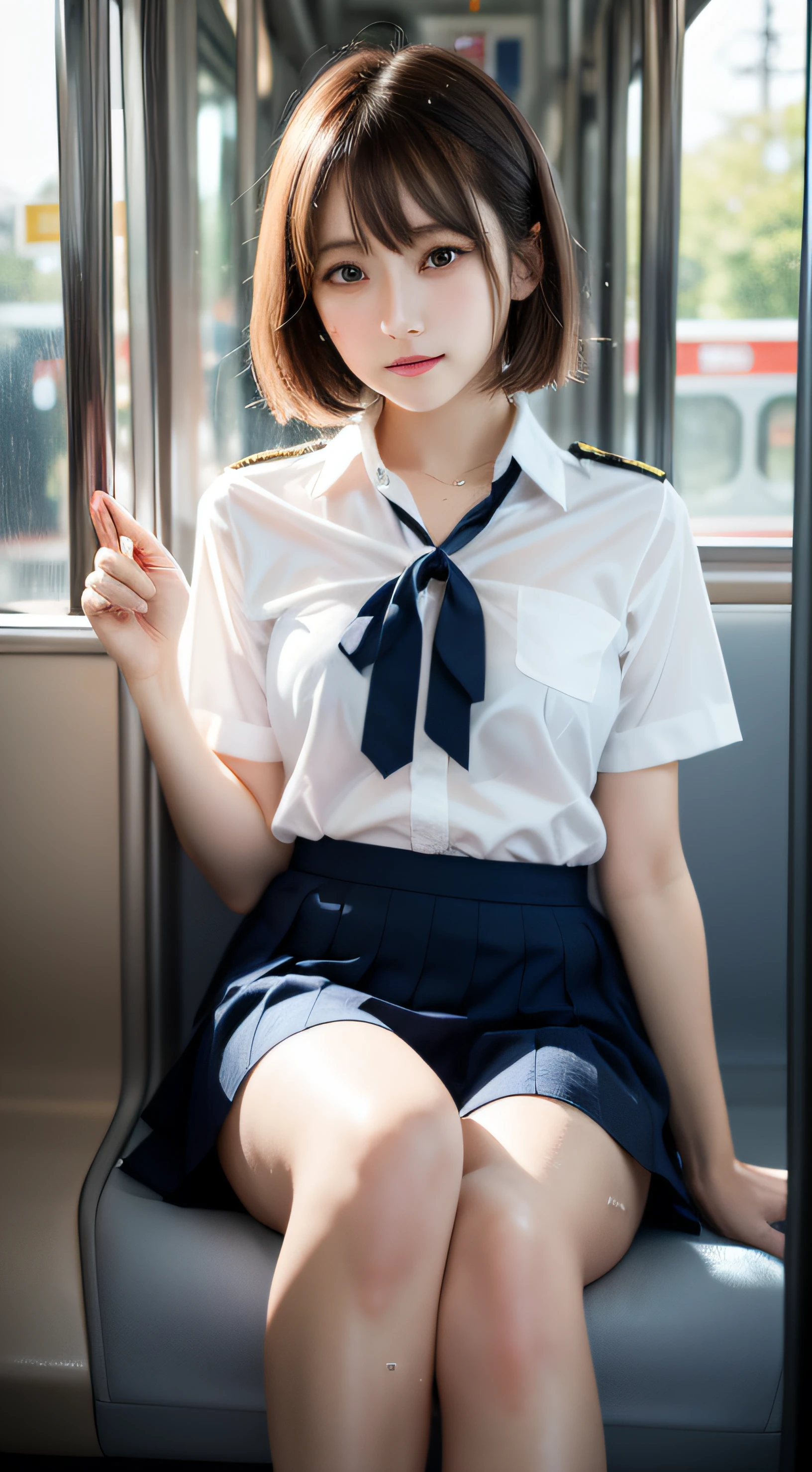 Japanese Girls、18歳の女の子、ple short hair、Blond Hair、bangs、BROWN EYES、Perfect figure、Sense of transparency、luster、gloss、modest chest、School Uniforms、Navy blue ribbon、Light blue shirt、Navy blue skirt、Guangyue、Burning body、hposing Gravure Idol、On the train、Beautiful feet、Strong sunlight、Nasty、Rain-drenched body、wet