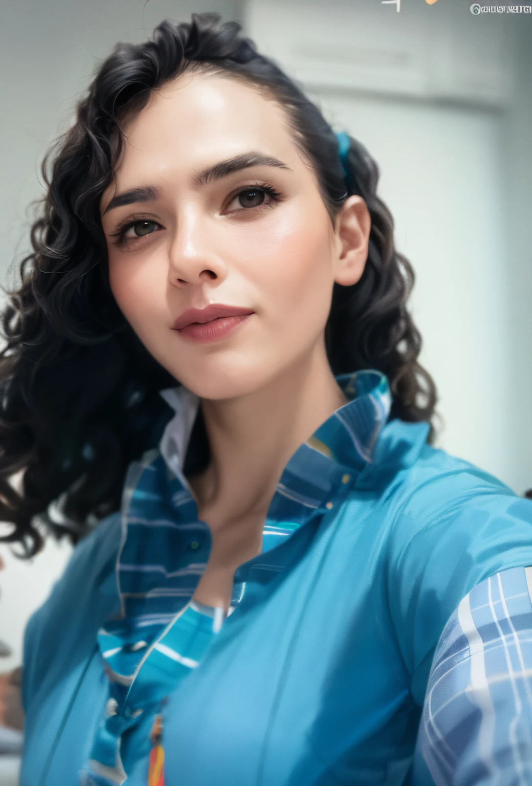 there is a woman with curly hair wearing a blue and white shirt, Mulher de 30 anos de Cuba, imagem de perfil, Parece Laura Barriales, Alanis Guillen, foto do perfil, foto de perfil headshot, taken in the early 2020s, by Amelia Peláez, selfie de uma jovem mulher, Valentina Embaralhamento