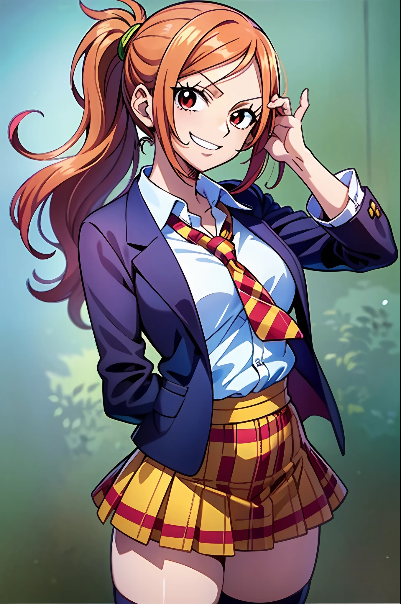 light smile, schoolgirl attire, white blouse with yellow jacket, green striped tie, red plaid skirt, red eyes and red hair in a twin ponytail, (style of one piece and fairy tail anime), (illustrated by Eiichiro Oda and Hiro Mashima), (style mixing), Lucy Heartfilia, Nami