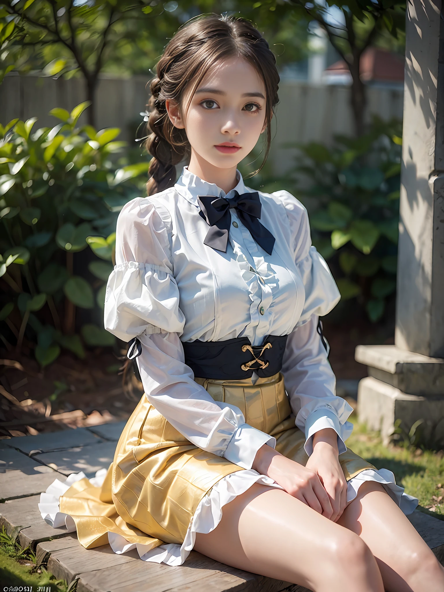 One woman with a faint smile、full full body、Silk White Socks、Garden background、Sitting with sheets on the lawn、(Photoreal:1.4)、(Hyperrealistic:1.4)、(Realistic:1.3)、(Smooth lighting:1.05)、(Improved cinematic lighting quality:0.9)、(Shallow depth of field)、1girls、20 year old adult woman、Bright spring morning natural light、back lighting、Facial Lights、ray-traced、(bright lights:1.2)、(Quality improvement:1.4)、(Realistic textured skin of the highest quality:1.4)、small tits、fine detailed eyes、detailed faces、Small face、Fine quality eye、Brown eyes、ponie tail、Braiding、Ribbons in the hair、Floral blouse with ruffles、bowtie、Green glass jar with water、The back of the background is white and blurry.
