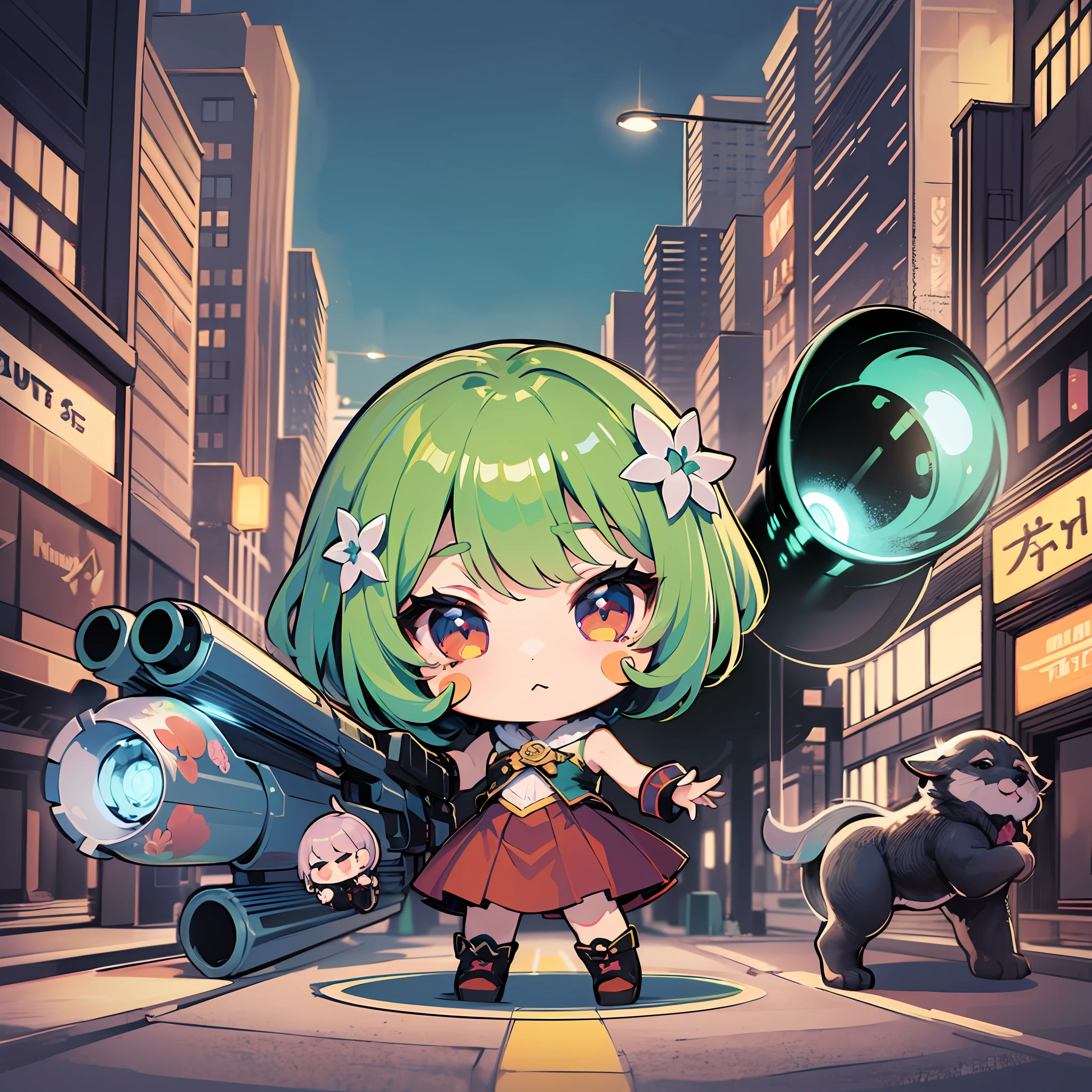((sticker:1.5)))、((Chibi Chara))、(((Super giant gun)))、Fluffy、1girls、Strong perm、Street、Blow up the city、Strongest、Chibi Chara、ful body、pastel-colored hair、Fairy tale、Fantastical、Masterpiece、beste Quality、high picture quality