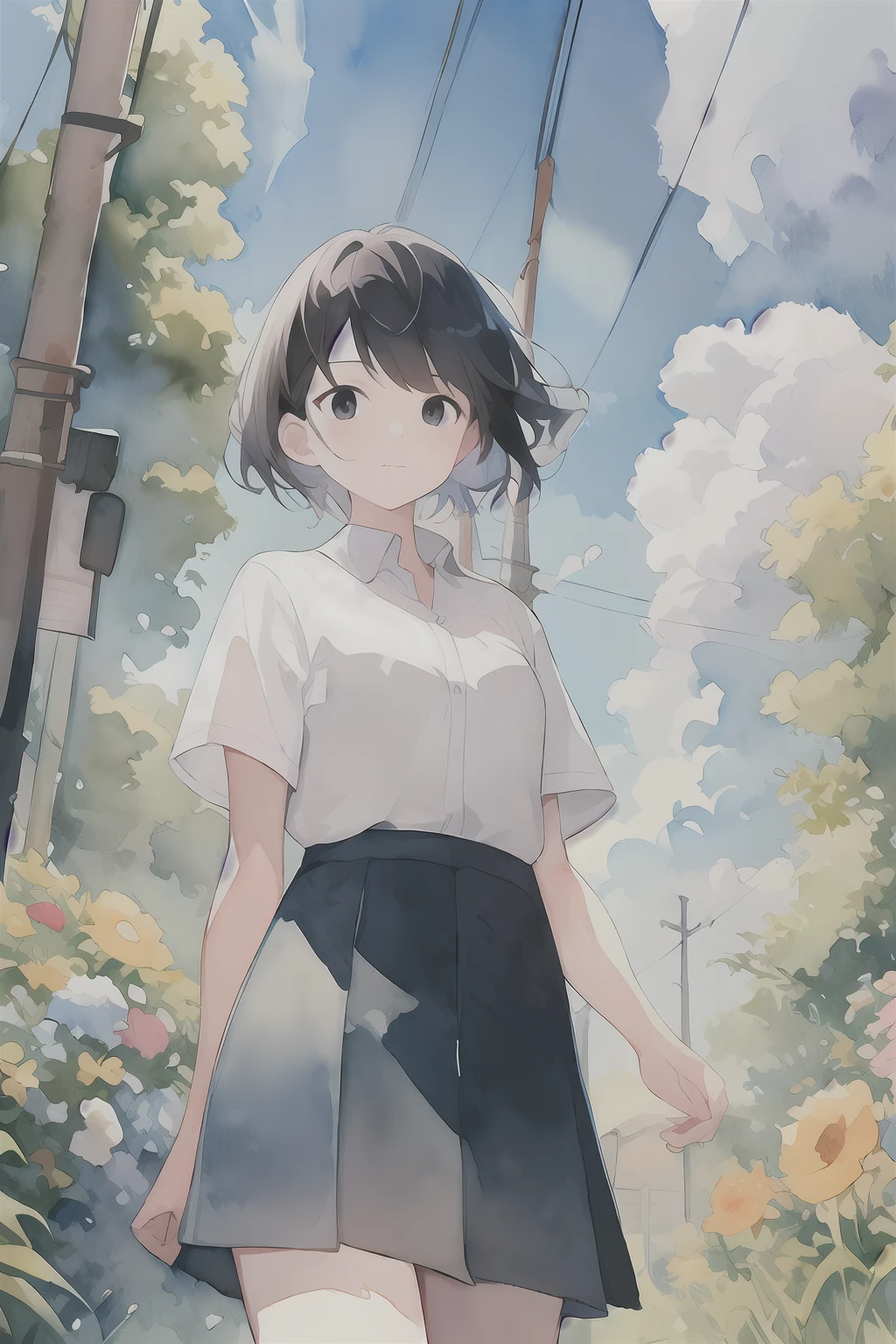 (watercolor:1.2), watercolor, 1girl, solo, sky, cloud, outdoors, power lines, utility pole, skirt, shirt, black hair, short sleeves, white shirt, day, blue sky, flower, short hair, from below, black skirt, black eyes, cumulonimbus cloud, holding, bangs, cloudy sky, closed mouth