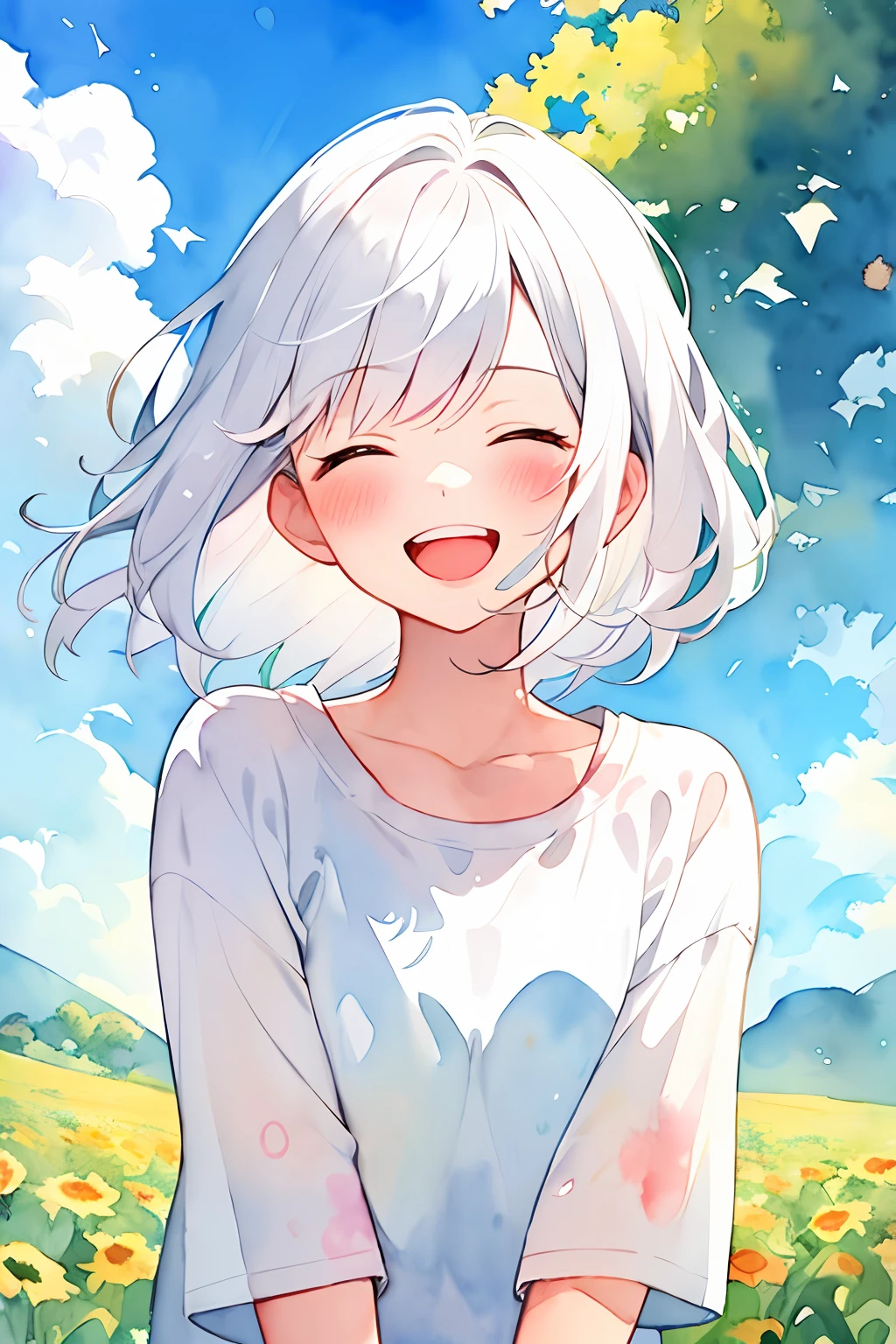 (watercolor:1.2), watercolor, 1girl, solo, smile, closed eyes, sky, open mouth, cloud, blue sky, white hair, blush, shirt, bangs, day, outdoors, white shirt, teeth, short hair, upper body, :d, medium hair, facing viewer