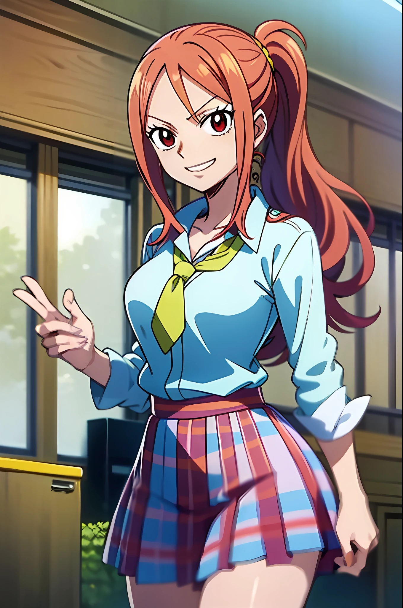 light smile, schoolgirl attire, white blouse with yellow jacket, green striped tie, red plaid skirt, red eyes and red hair in a twin ponytail, (style of one piece and fairy tail anime), (illustrated by Eiichiro Oda and Hiro Mashima), (style mixing), Lucy Heartfilia, Nami