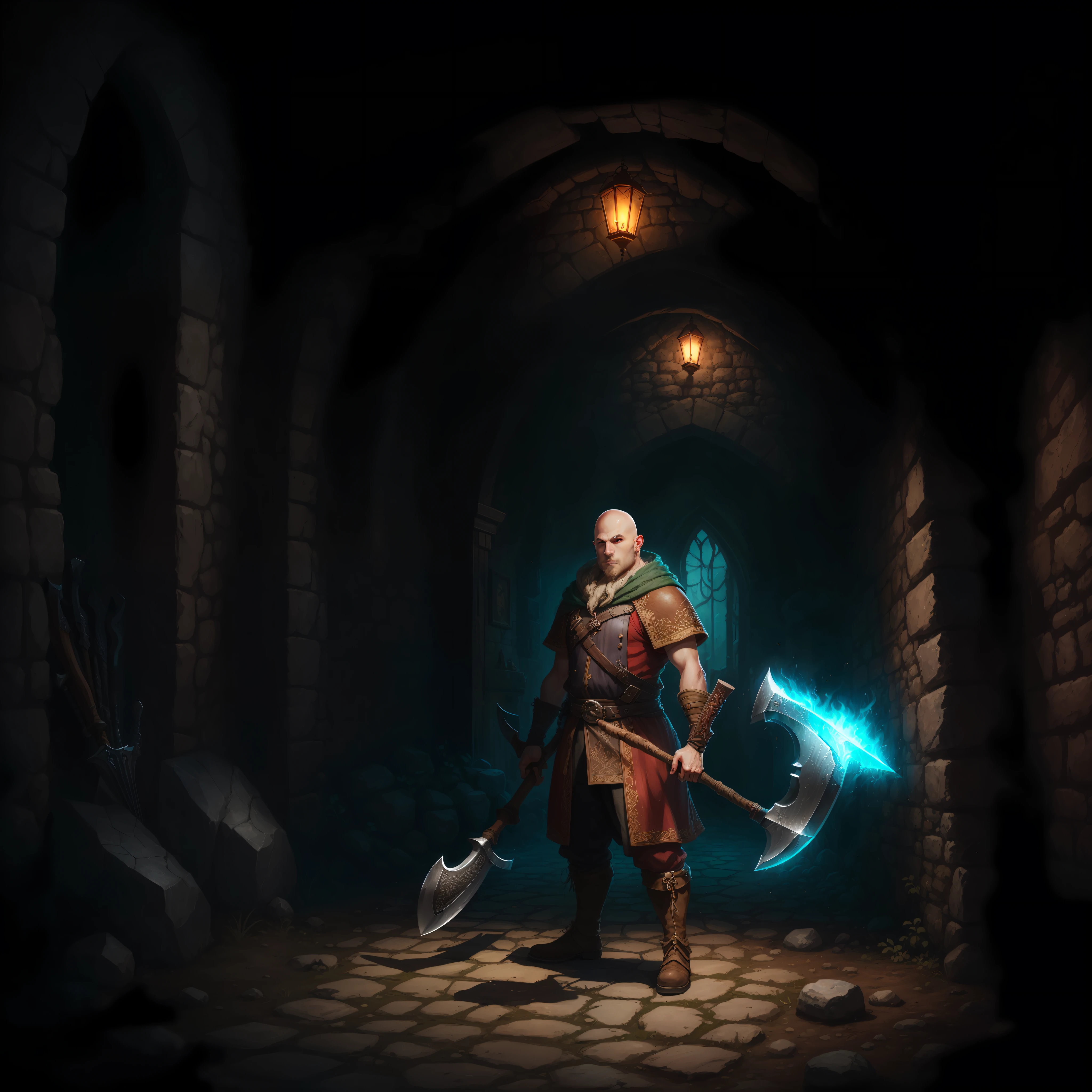 (aesthetic, realistic, high definition,) a young dwarf standing tall, (bald), (clean shaven), holding a weapon (axe), fantasy-themed, vibrant colors, dynamic lighting, detailed texture. --auto