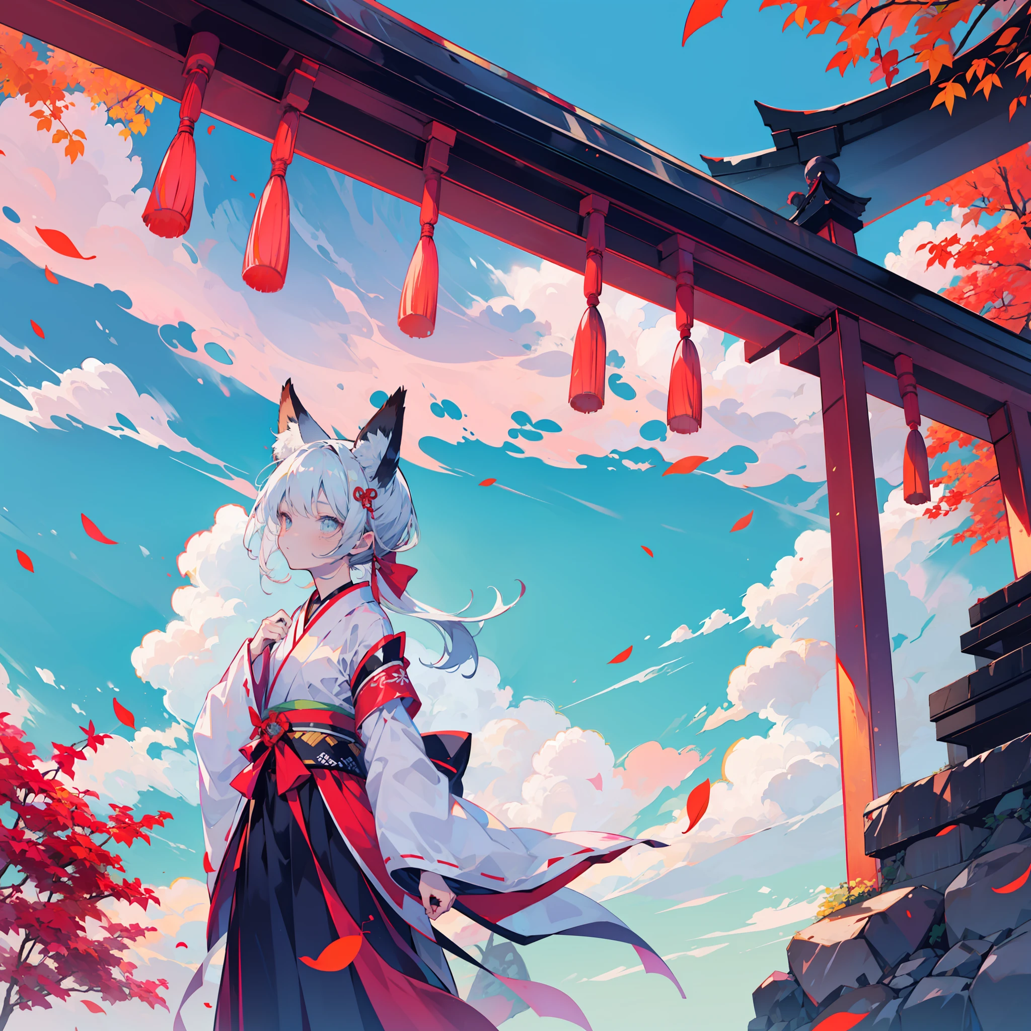 A loli in a red and white witch costume，the falling leaves，blue sky with white clouds，shinto shrine，iwhite colored hair，Bow，side pony tail，fox ear，Cutes