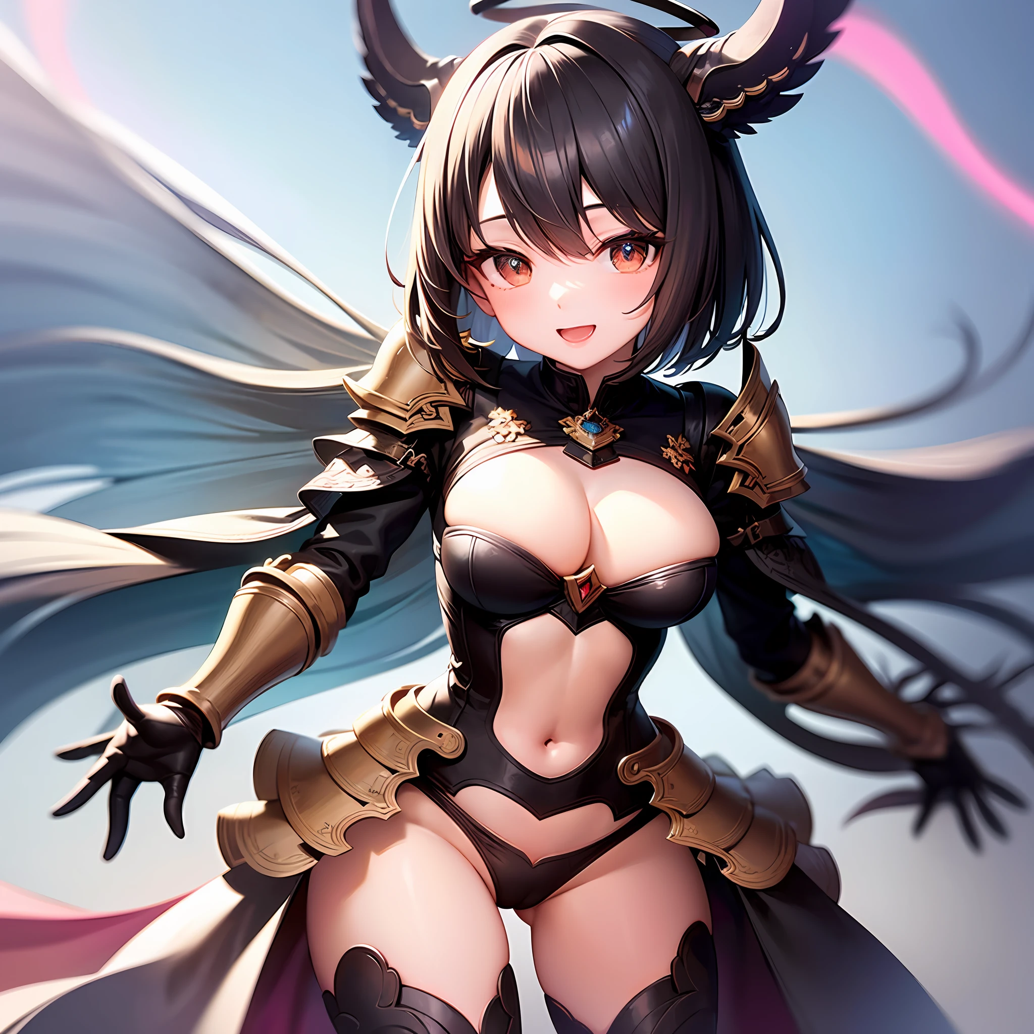 fantasy, 1angel_girl, loli,bck_color_hair, medium_bob_hair, long_bangs, halo,bare_shoulder,thighhighs,(shiny_silver_armor:1.1), waist_armor, large_breasts,smile,open_mouth,1pair_wings, dynamic_ pose_fighting,floating, bare_crotch, covered_nipples, covered_pussy,headgear,gauntlet, greaves, pelvic_curtain, city_sky_background,slightly_spread_legs, solo, groin_naked,(masterpiece, best quality, best quality, official art, beautiful and aesthetic:1.2), (1 girl), very detailed,