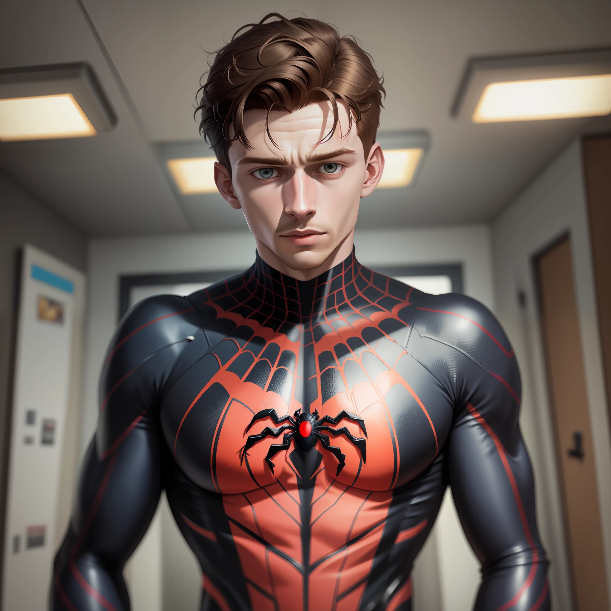 Tom Holland usando traje do homem aranha estilo miles morales, Aranha - verso, High detail, Futurismo, Realismo, hiper-realismo, simetria, simetria rotacional, Nikon, pele texturizada, super detalhe, alta qualidade, melhor qualidade, 8k