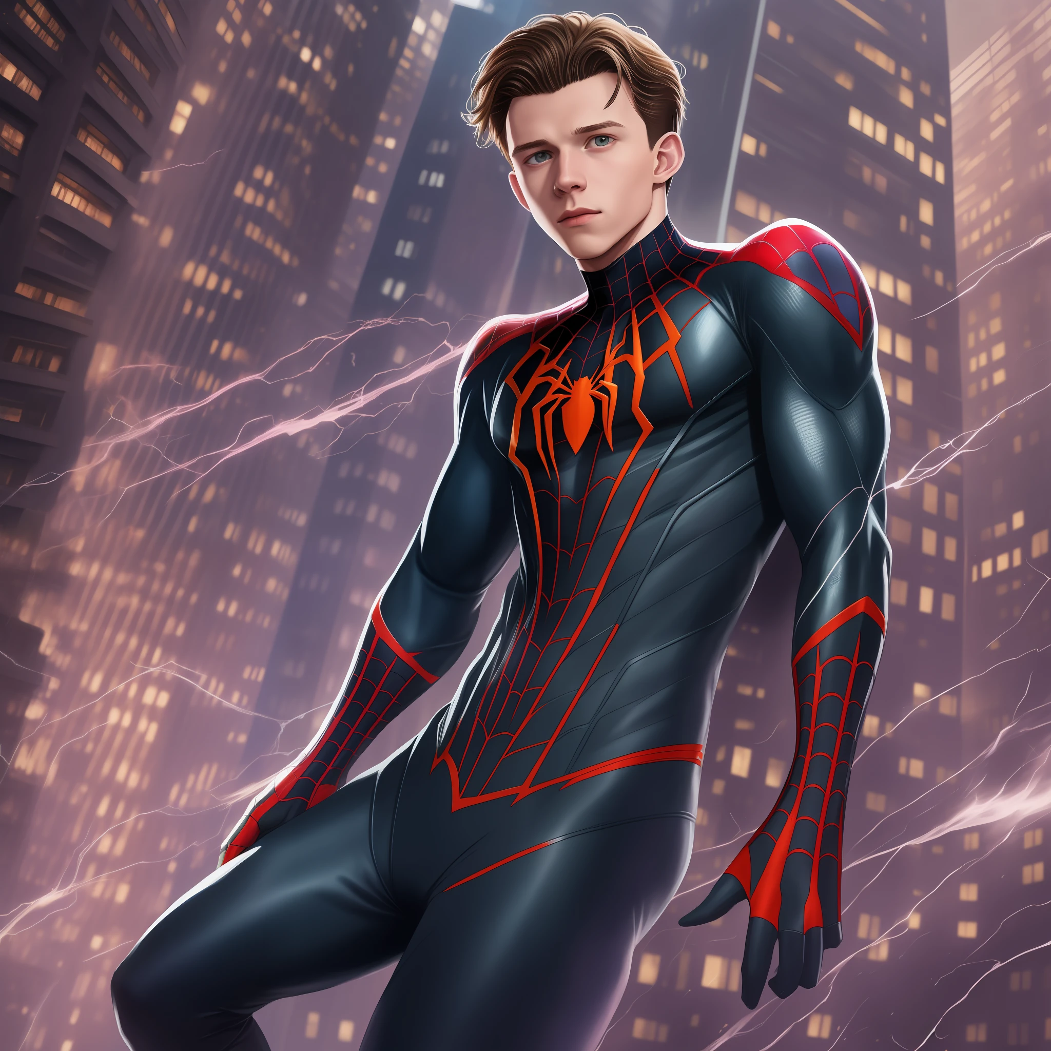 Tom Holland usando traje do homem aranha estilo miles morales, Aranha - verso, High detail, Futurismo, Realismo, hiper-realismo, simetria, simetria rotacional, Nikon, pele texturizada, super detalhe, alta qualidade, melhor qualidade, 8k