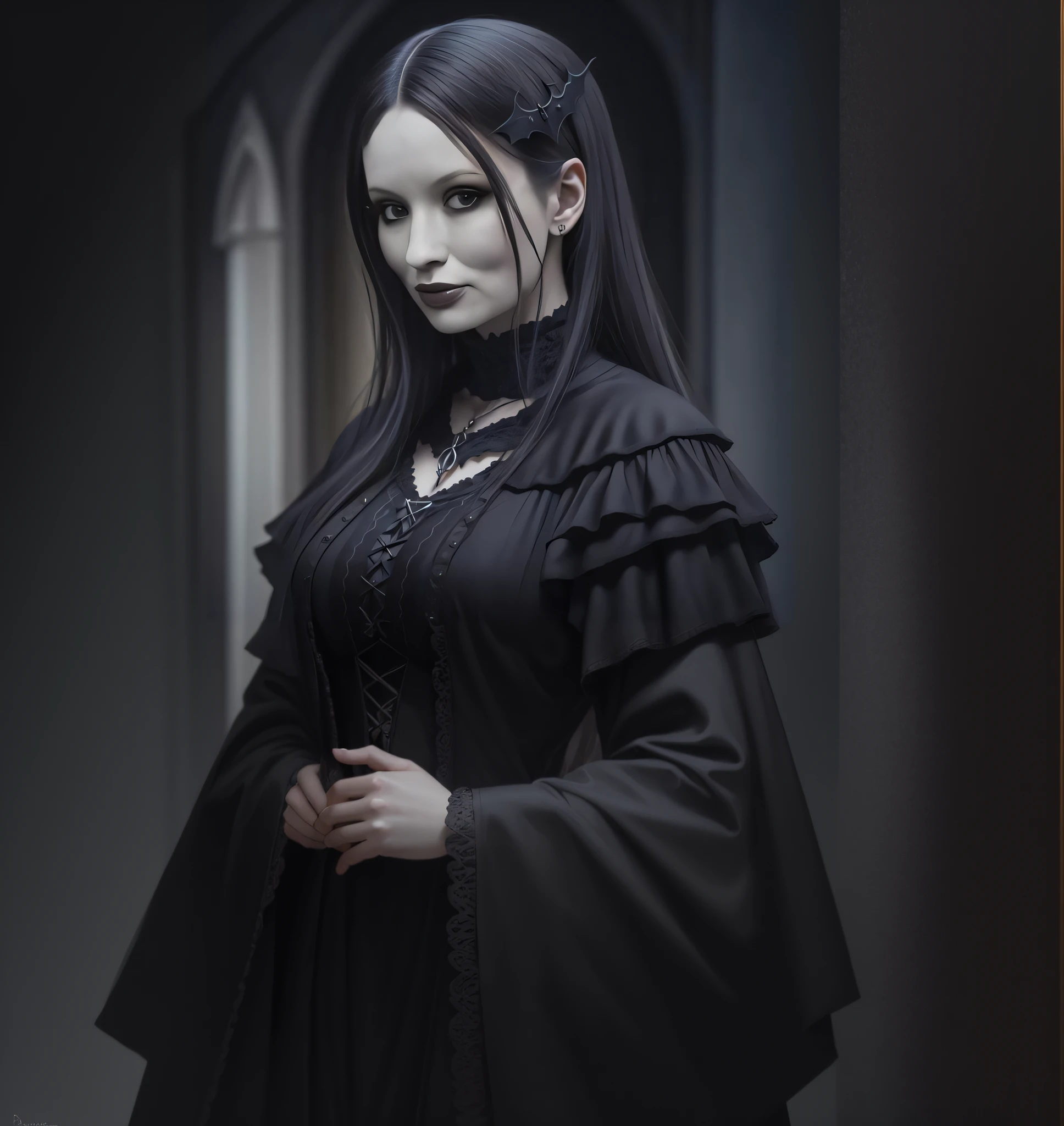 um close up de uma mulher com cabelos longos usando um vestido preto, Arte Estilo Tom Bagshaw, gothic maiden, gothic princess portrait, tom bagshaw weta studio, Tom Bagshaw Estilo de Arte, Lori Earley, Gothic fantasy art, gothic maiden of the dark, Tom Bagshaw Retrato, Retrato de uma bruxa escura, Tom Bagshaw Donato Giancola