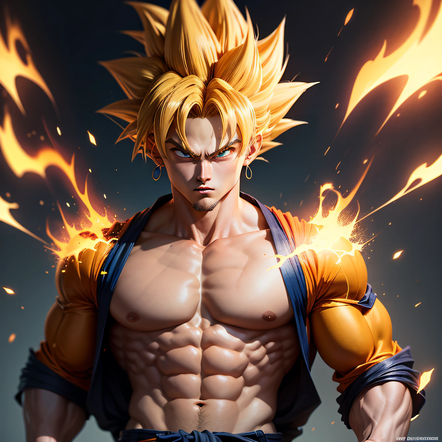 Personagem Goku super sayadim , super realista, parecendo uma foto , com kimono aberto e peitoral musculoso a mostra, com o chi em volta do corpo em raios amarelos saindo e envolta do corpo --auto