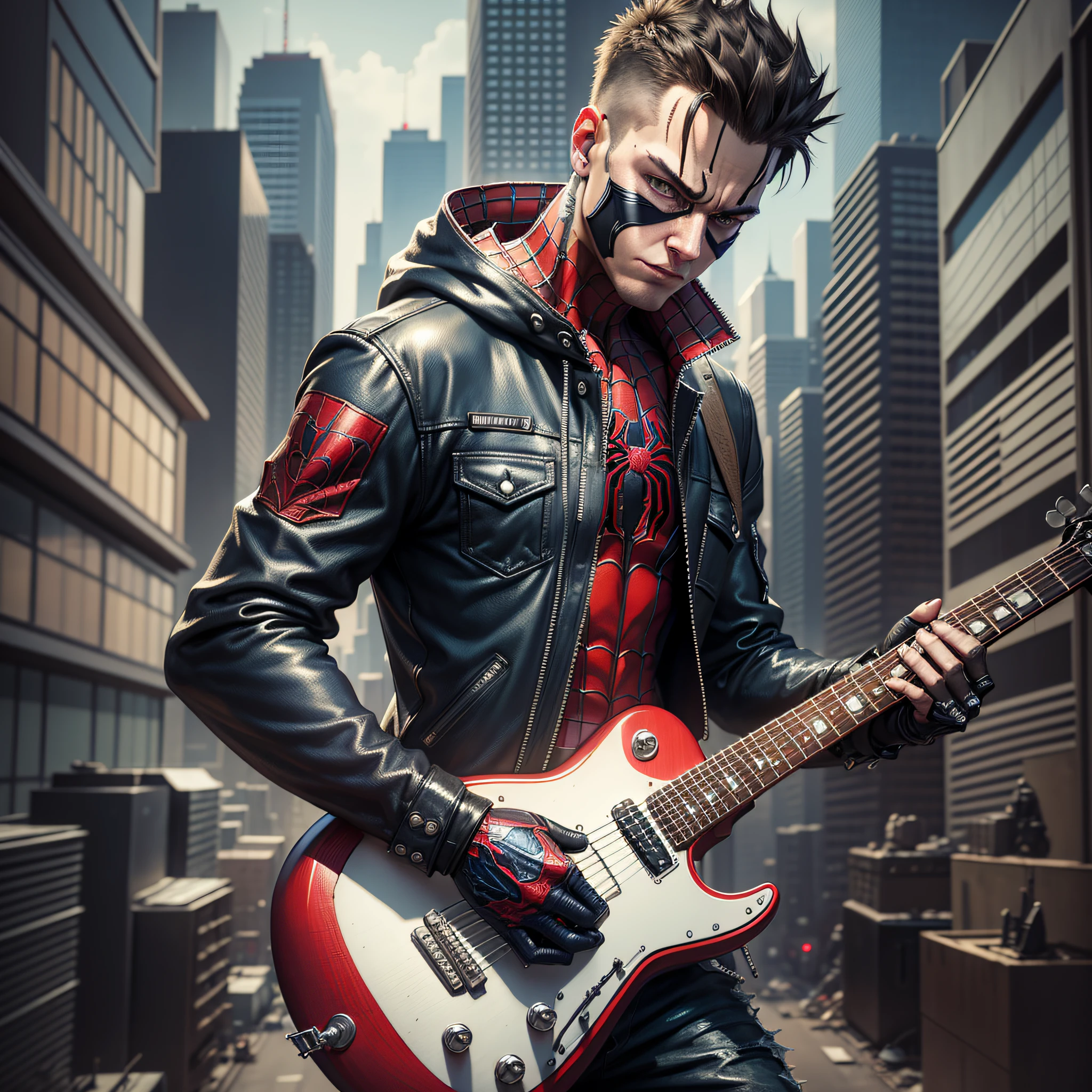 Create an ultra-realistic image of Spider-Man in his punk version, he holds a guitar, wears his mask has the anatomy done correctly, is in a dynamic pose. The setting is a dark post-apocalypse in the cyberpunk style. The image should be a super detailed masterpiece and its style should refer to the punk fanzines of the 90s --auto --s2