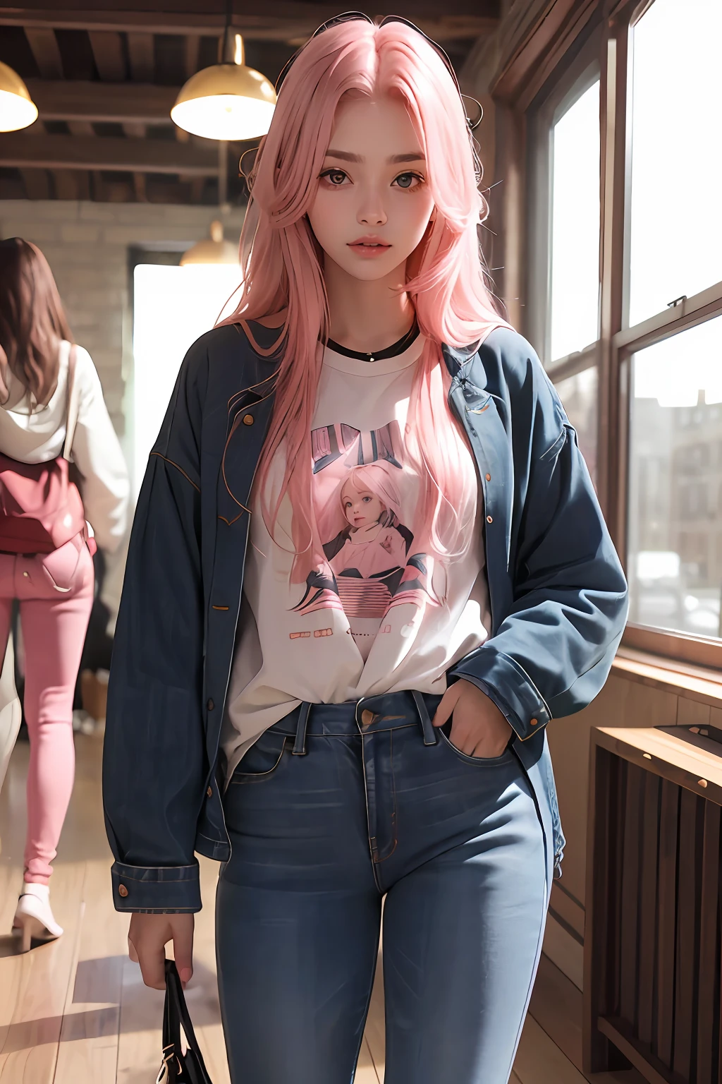1.5)(Rapariga, cabelo longo cor-de-rosa, roupas frias, Jeans, fundo interno)