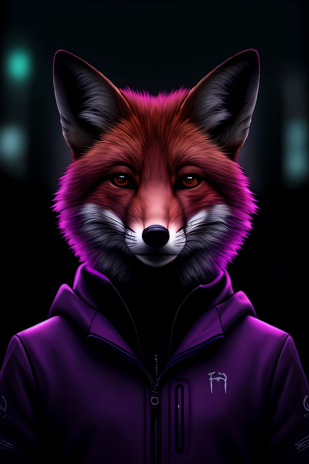 hyperrealistic, portrait of fox, animal, cyberpunk city, cold color, night, cinematic light, purple neon light, bokeh, rim light