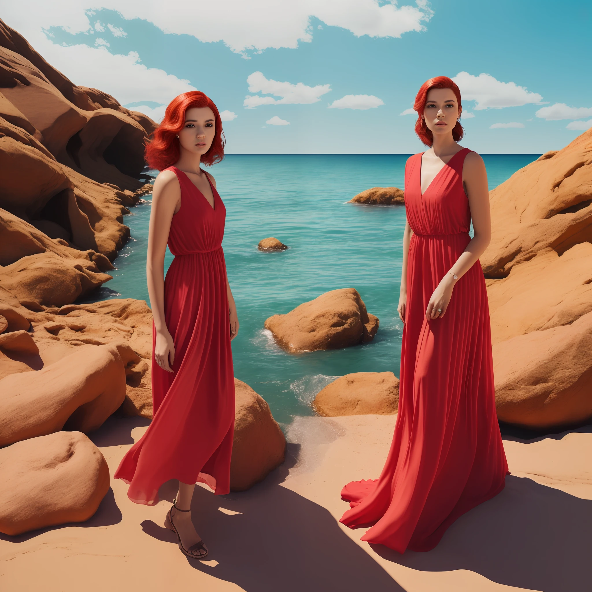 "(((realism))), ((((foto_atual)))), taken from real life, with (cabelos_vermelhos) red hair, posing sideways, looking at the camera in a flowing dress over the rocks on the beach." --auto