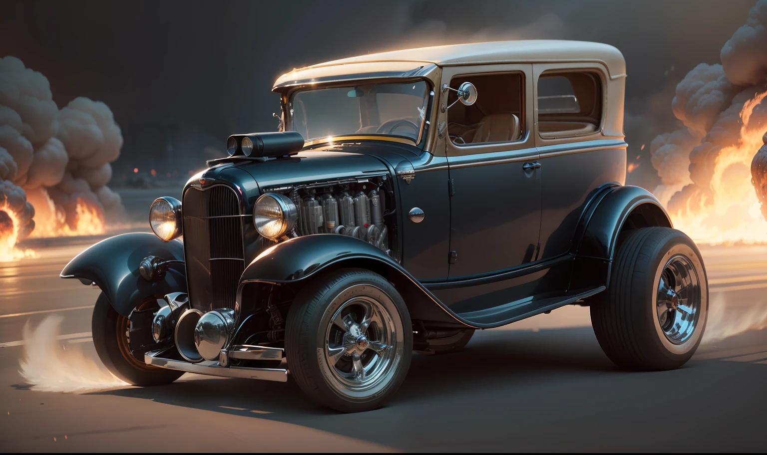 hemi powered hot rod 1932 ford roadster hyper realistic, hd, racing away from a huge fiery explosion, cinema photography, highly detailed, divine proportion, perfect composition, Perfect lighting, octane render, 8k, artistic photography, trending on artstation, sharp focus, studio photo, intricate details, highly detailed, by greg rutkowski --auto
