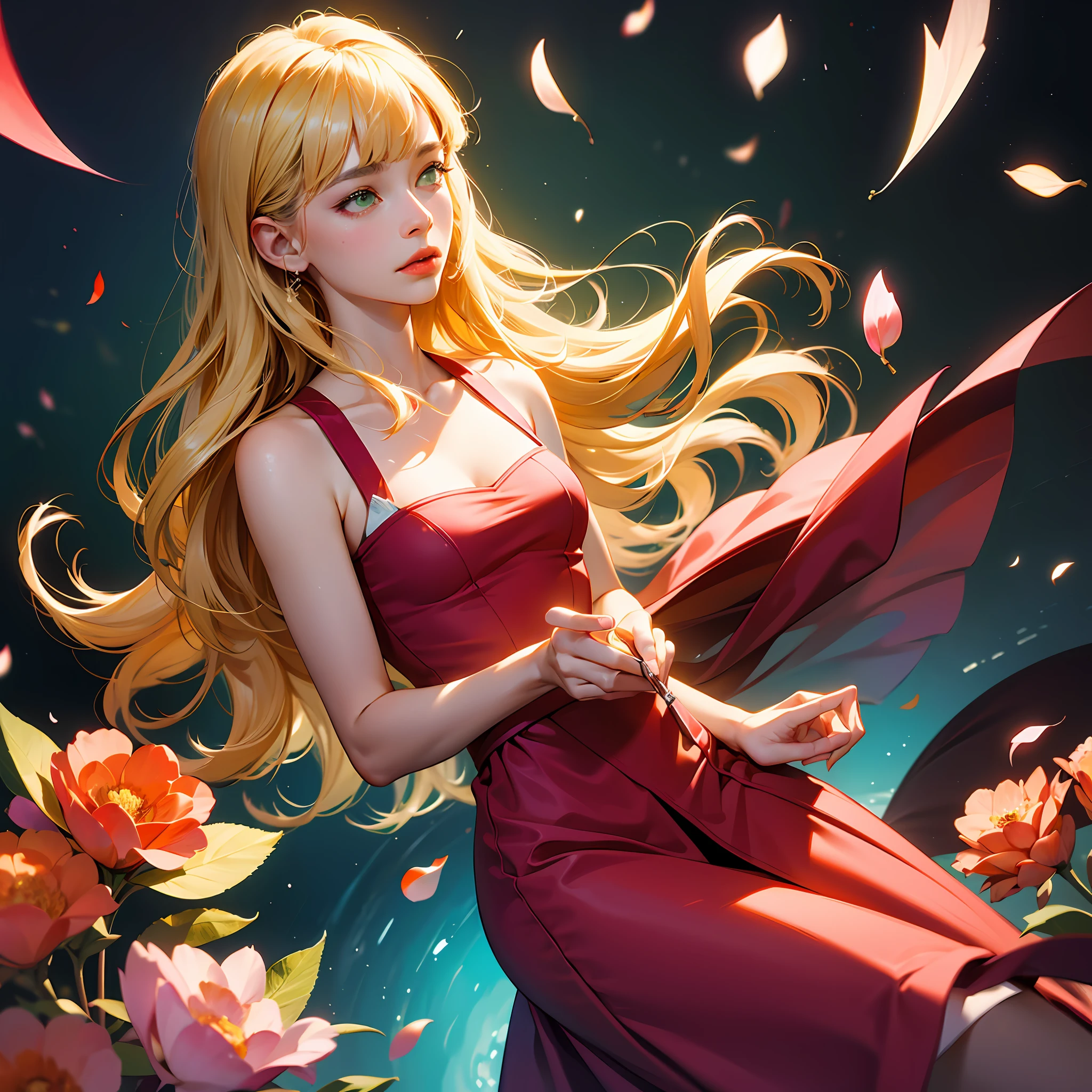 (absurdres, highres, ultra detailed), 1girl, mature female, wavy blonde hair, long hair, blunt bangs, green eyes, pink dress, finely detailed eyes and detailed face, extremely detailed CG unity 8k wallpaper, intricate details, BREAK , kaleidoscopic imagery, symmetrical patterns, vibrant colors, geometric shapes, mesmerizing designs, optical illusions, dynamic composition BREAK , pantomime art, expressive body language, silent storytelling, evocative gestures, visual narratives, theatrical performances BREAK , blooming flowers, colorful petals, fragrant scents, nature's bounty, vibrant gardens, peaceful scenery --auto