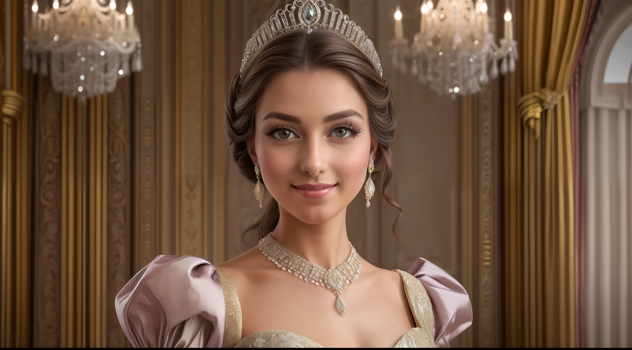 (add_detail:1) Create a realistic portrait of a princess in a palace. (The camera is positioned to capture the chest-up part of the princess, showing off her graceful expression and stunning outfit). She is in a luxurious palace hall, with intricate details on the walls and soft lighting that highlights her beauty. Her face is slightly tilted, revealing a charming and gentle smile. Her hair is elegantly styled and adorned with delicate accessories. She wears a princess gown with luxurious fabrics, exquisite embroidery and lush details, reflecting her status as royalty. In the background, you can see decorative elements from the palace, such as glittering chandeliers and opulent drapes, creating a regal ambience.