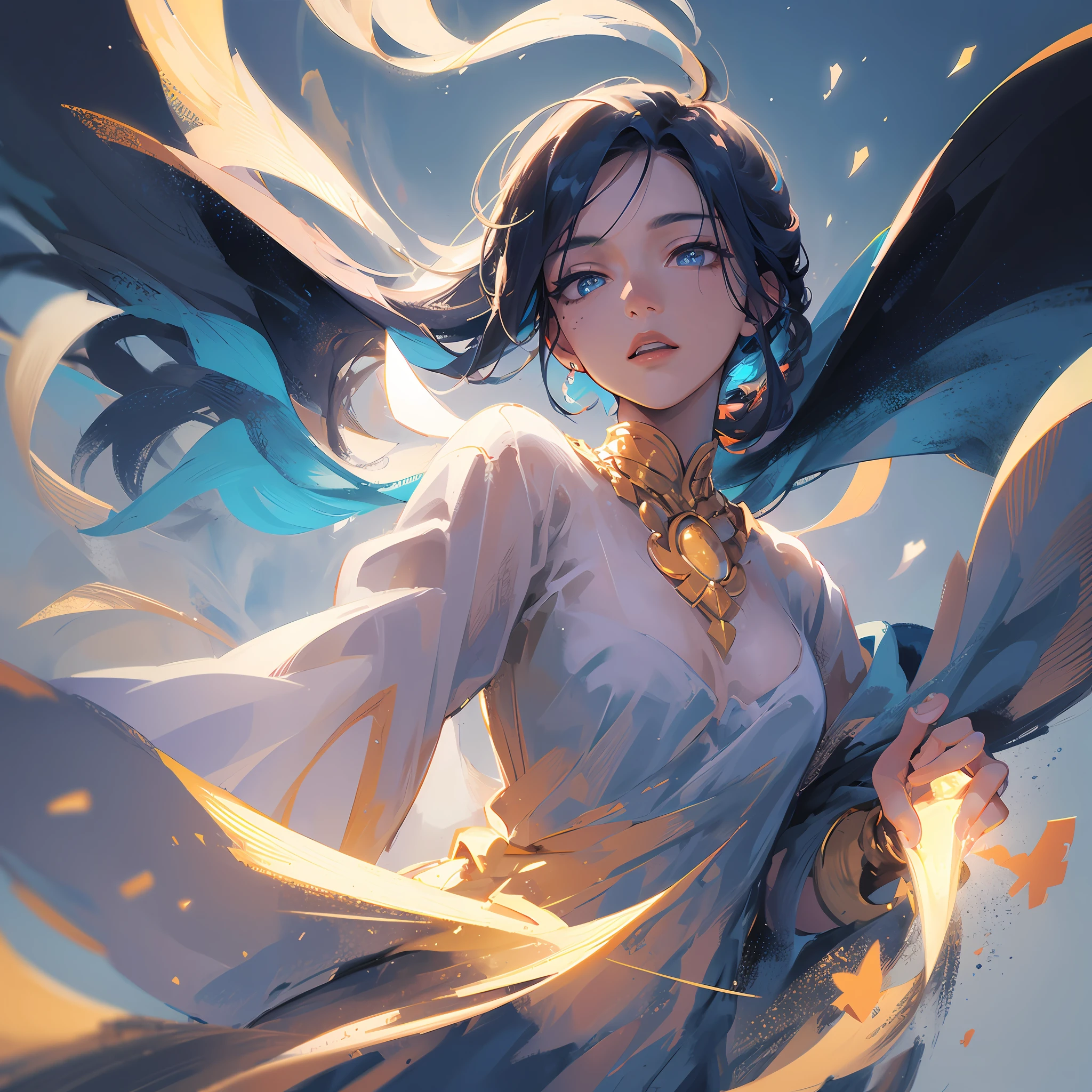 Masterpiece, (Best Quality: 1.2), (Ultra Fine: 1.2), Illustrations, (Extremely Delicate and Beautiful: 1.2), Cinematic Angle, Floating, (Beautiful Detail Eyes: 1.1), (Detail Light: 1.1), Cinematic Lighting, Delicate Sky, Woman, Blue Hair, Blue Eyes, (High Ponytail: 1.1), Cloak, Glowing Eyes, (Moonlight: 1.2), (Moonlight: 1.1), Starry Sky, (Light Particles: 1.1), Fog, Snow Painting, Sketch, Bloom --auto