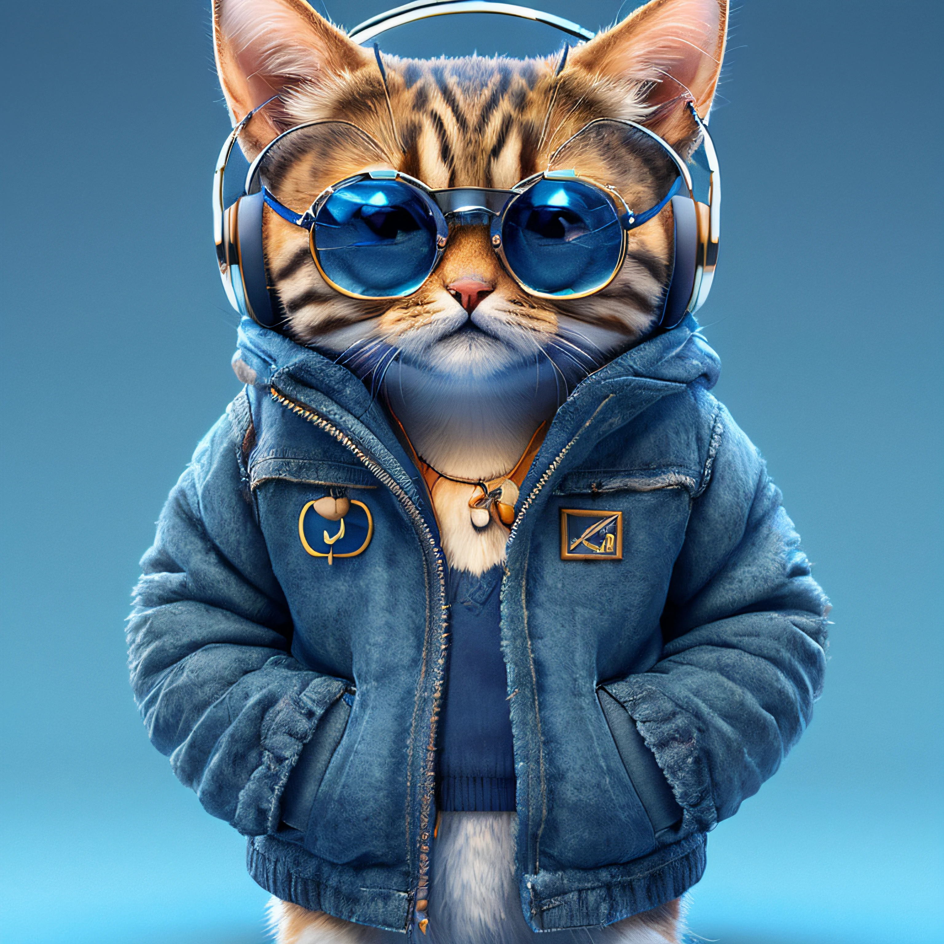 araffe wearing a jacket and sunglasses with a tie and a pair of headphones, olhando heckin legal e elegante, gato cyberpunk, anthropomorphic female cat, arte digital peluda, arte digital detalhada bonito, Fursona usando roupas estilosas, ultra realistic 3d illustration, bonito 3 d render, Gato. pintura digital, peludo do gato, arte digital bonito