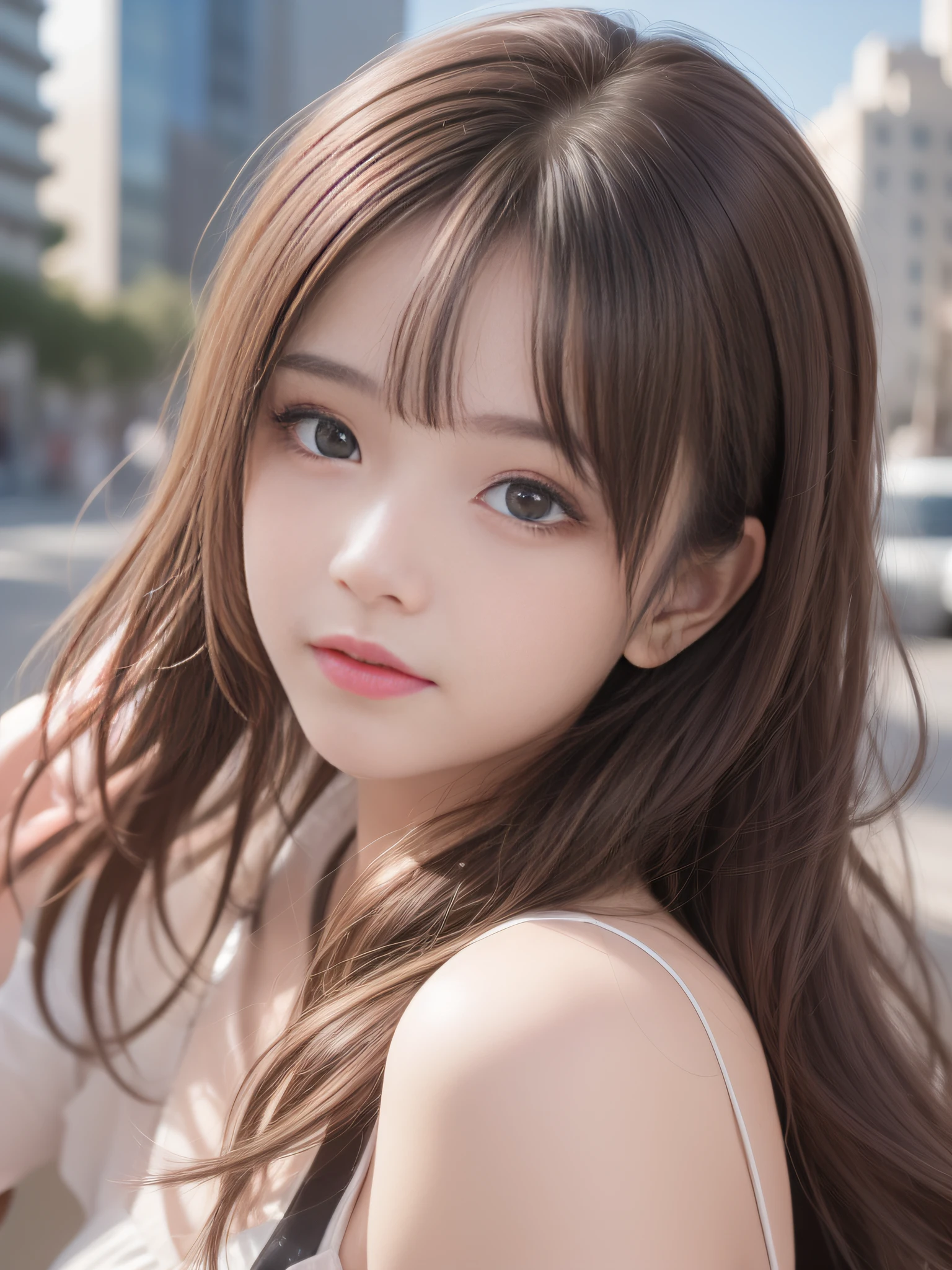 (8k raw photos, highest quality, masterpiece, 8k-UHD), (realistic, photorealistic: 1.37), (anatomically accurate and realistic skin), ultra high resolution, depth of field, film lighting, film grain, very cute  girl, tips, red eyes, long eyelash, bags under the eyes, cute face, very detailed eyes and hair, skin with beautiful details, happy smile, brown hair, thick bangs, shiny hair, curly, urban, cityscape,