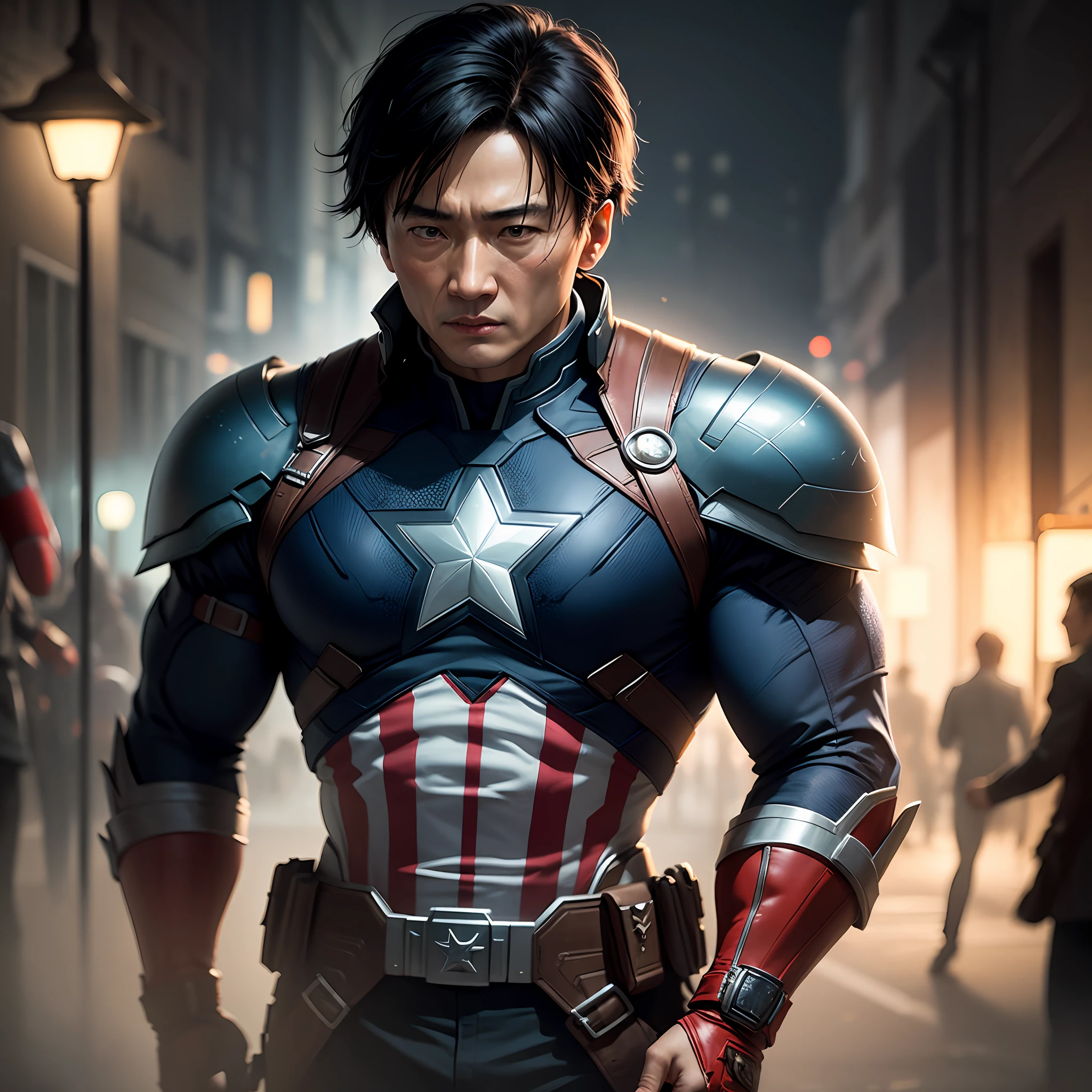Tarantino style:jackie chan, the actor of Li Yunlong in Bright Sword, as Captain America 8K,high-definition,facial detailing,facial detailing,Eye Detail,Suit details,Marvel and DC style,ultrarealistic,+ Cinematic shots + Dynamic composition,incredibly detailed,Sharpen,detail +Superb details+Night of lights+perfectionism+Award-winning realism((Moody lights)) --auto