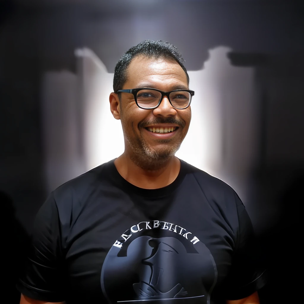 guttonerdvision6, Photo of 45-year-old man wearing glasses, de ((roupa preta)), rosto, meio corpo, Corpo, pele altamente detalhada, poros da pele, (((Black backlit background))), 8k UHD, DSLR, soft lighting, alta qualidade, filmic grain, Fujifilm XT3