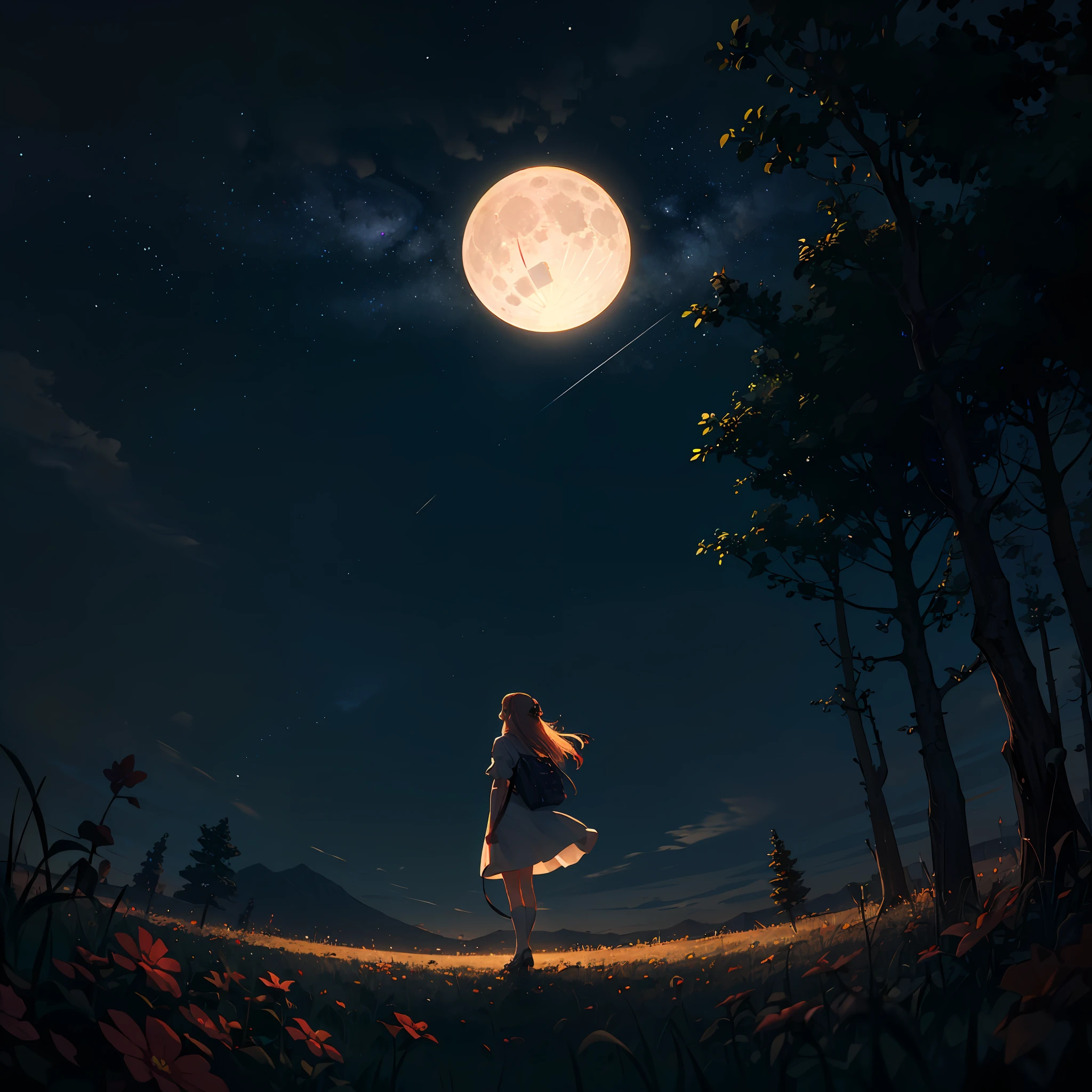 A wide landscape photo, (viewed from below, the sky is above, and the open field is below), a girl standing on a flower field looking up, (full moon: 1.2), (meteor: 0.9), (nebula: 1.3), distant mountains , Trees BREAK Crafting Art, (Warm Light: 1.2), (Firefly: 1.2), Lights, Lots of Purple and Orange, Intricate Details, Volumetric Lighting BREAK (Masterpiece: 1.2), (Best Quality), 4k, Ultra Detailed, (Dynamic Composition: 1.4), Rich in Detail and Color, (Rainbow Color: 1.2), (Glow, Atmospheric Lighting), Dreamy, Magical, (Solo: 1.2) --auto