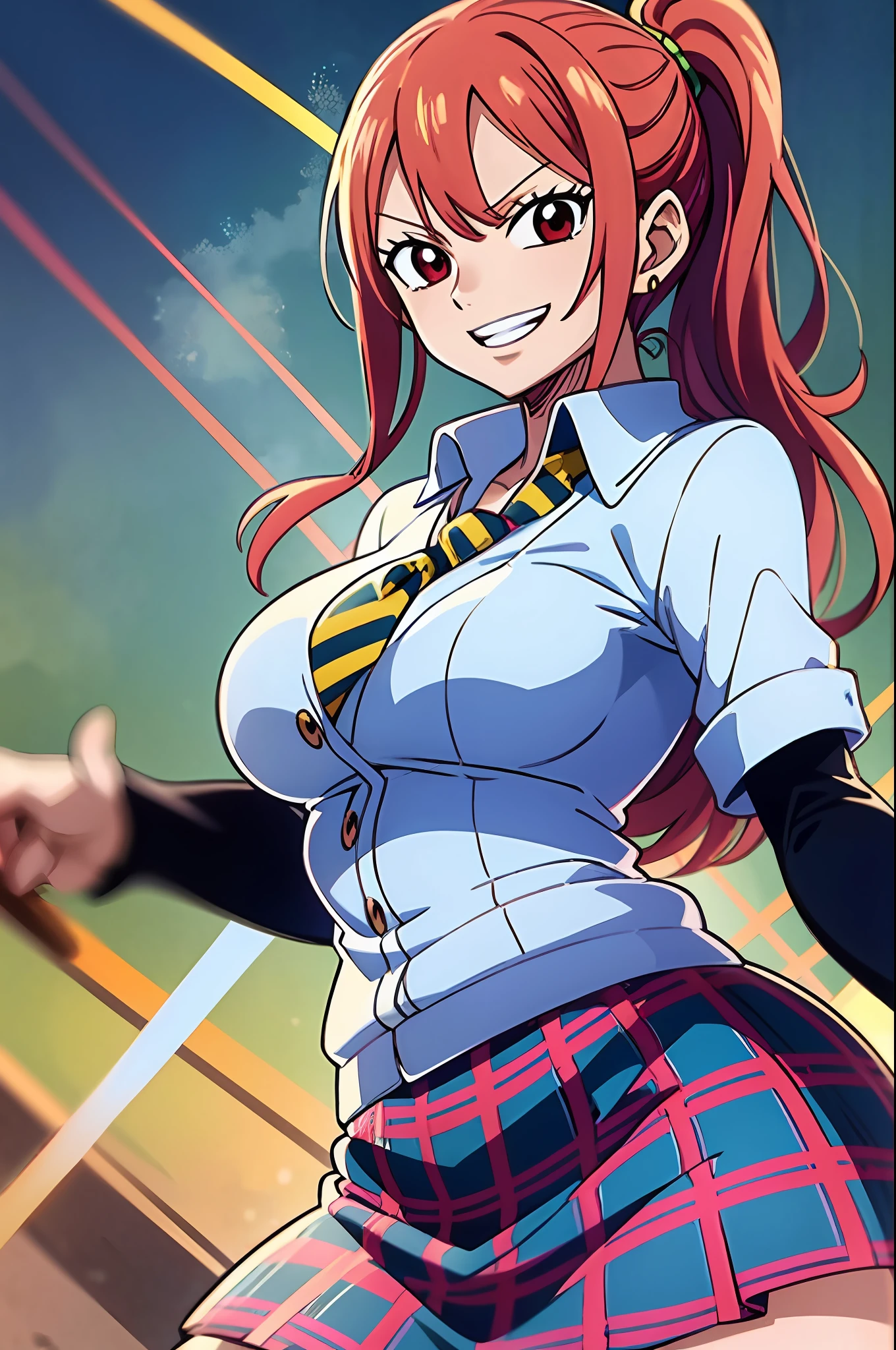 light smile, schoolgirl attire, white blouse with yellow jacket, green striped tie, red plaid skirt, red eyes and red hair in a twin ponytail, (style of one piece and fairy tail anime), (illustrated by Eiichiro Oda and Hiro Mashima), (style mixing), Lucy Heartfilia, Nami