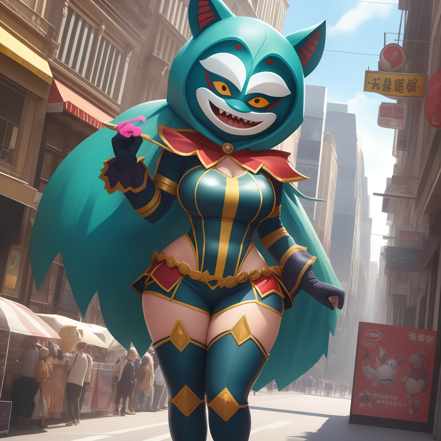 female monster mascot costume, stupid looking, feminine physique, feminine curves, funny mask, thick costume, clothed, full body covered by costume, sunny, city street, no skin is visible